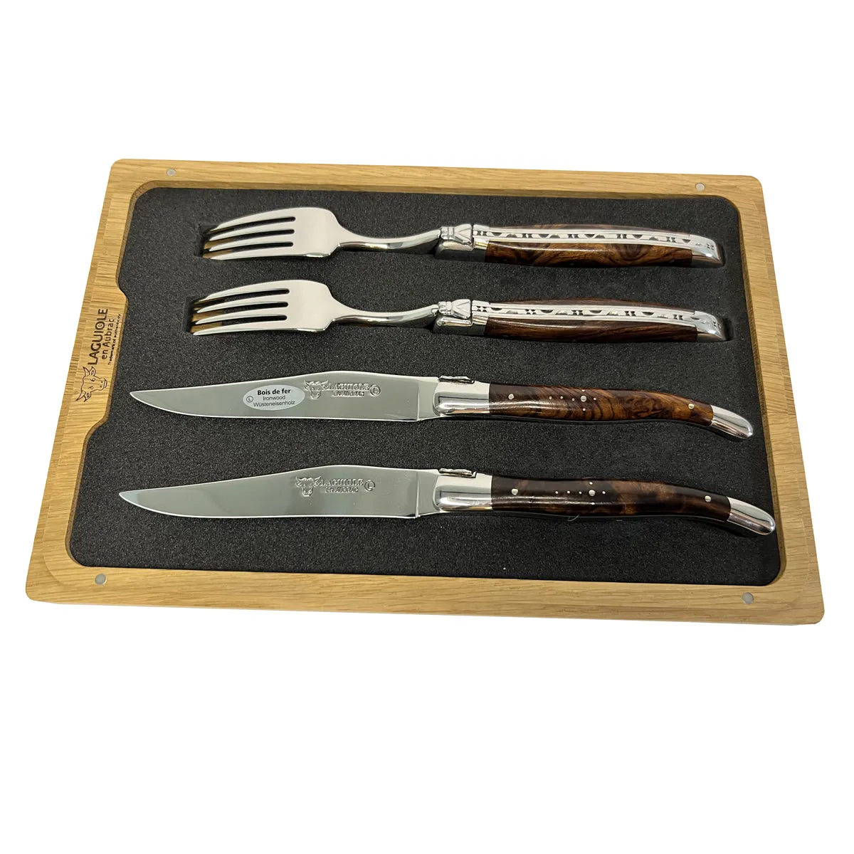 Laguiole en Aubrac Handcrafted 4-Piece Set With 2 Steak Knives and 2 Forks with Luxury Rich African Ironwood Handles