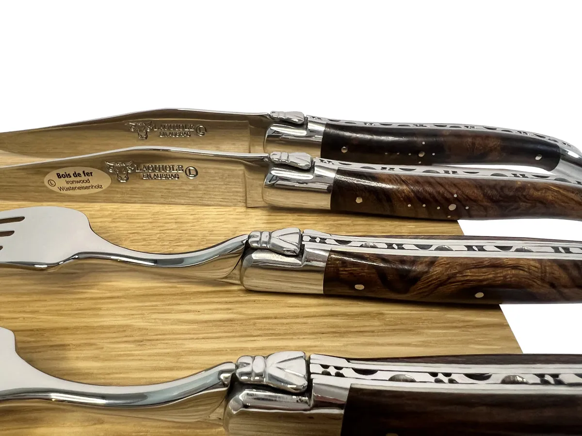 Laguiole en Aubrac Handcrafted 4-Piece Set With 2 Steak Knives and 2 Forks with Luxury Rich African Ironwood Handles