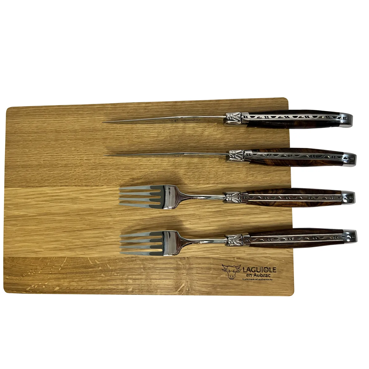 Laguiole en Aubrac Handcrafted 4-Piece Set With 2 Steak Knives and 2 Forks with Luxury Rich African Ironwood Handles