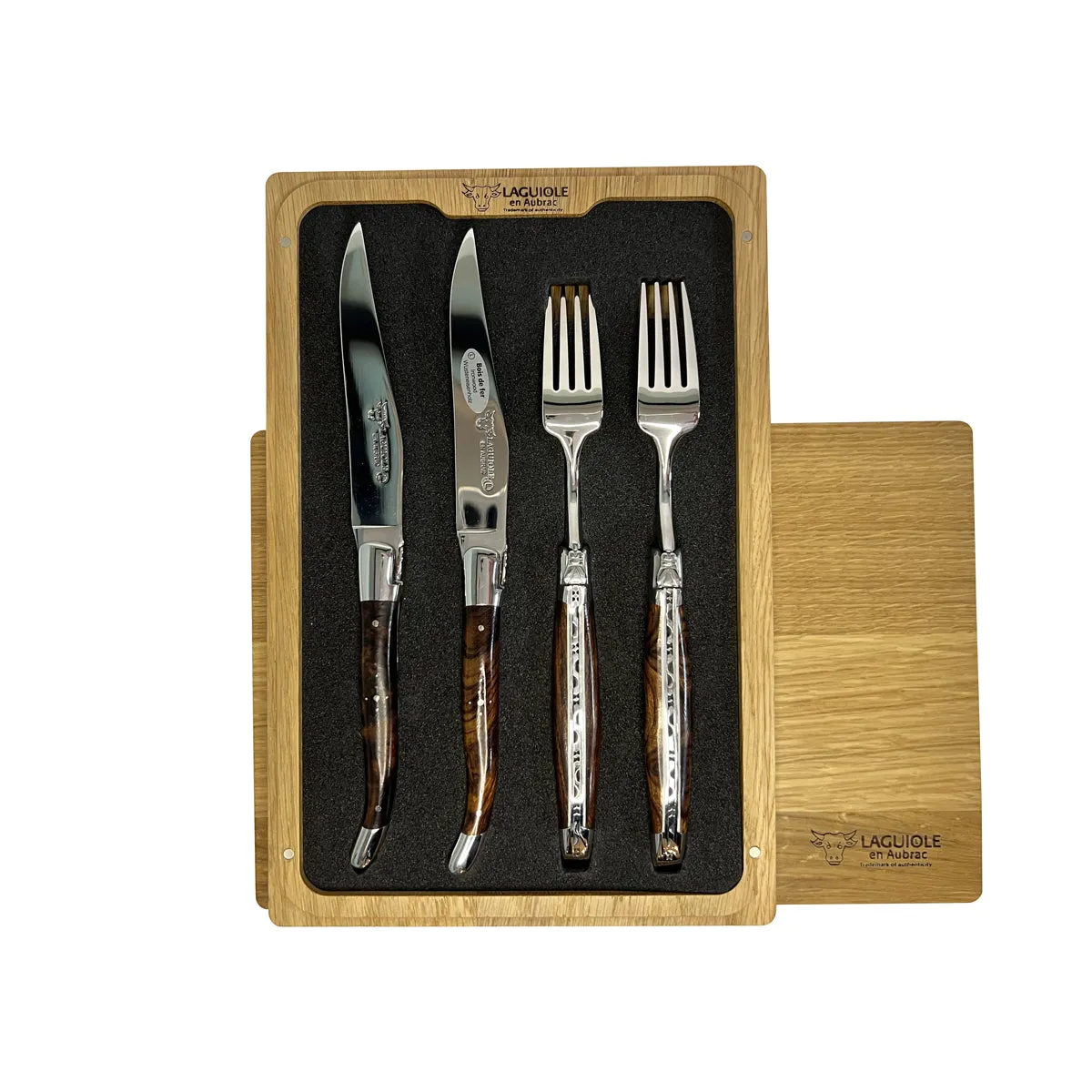 Laguiole en Aubrac Handcrafted 4-Piece Set With 2 Steak Knives and 2 Forks with Luxury Rich African Ironwood Handles