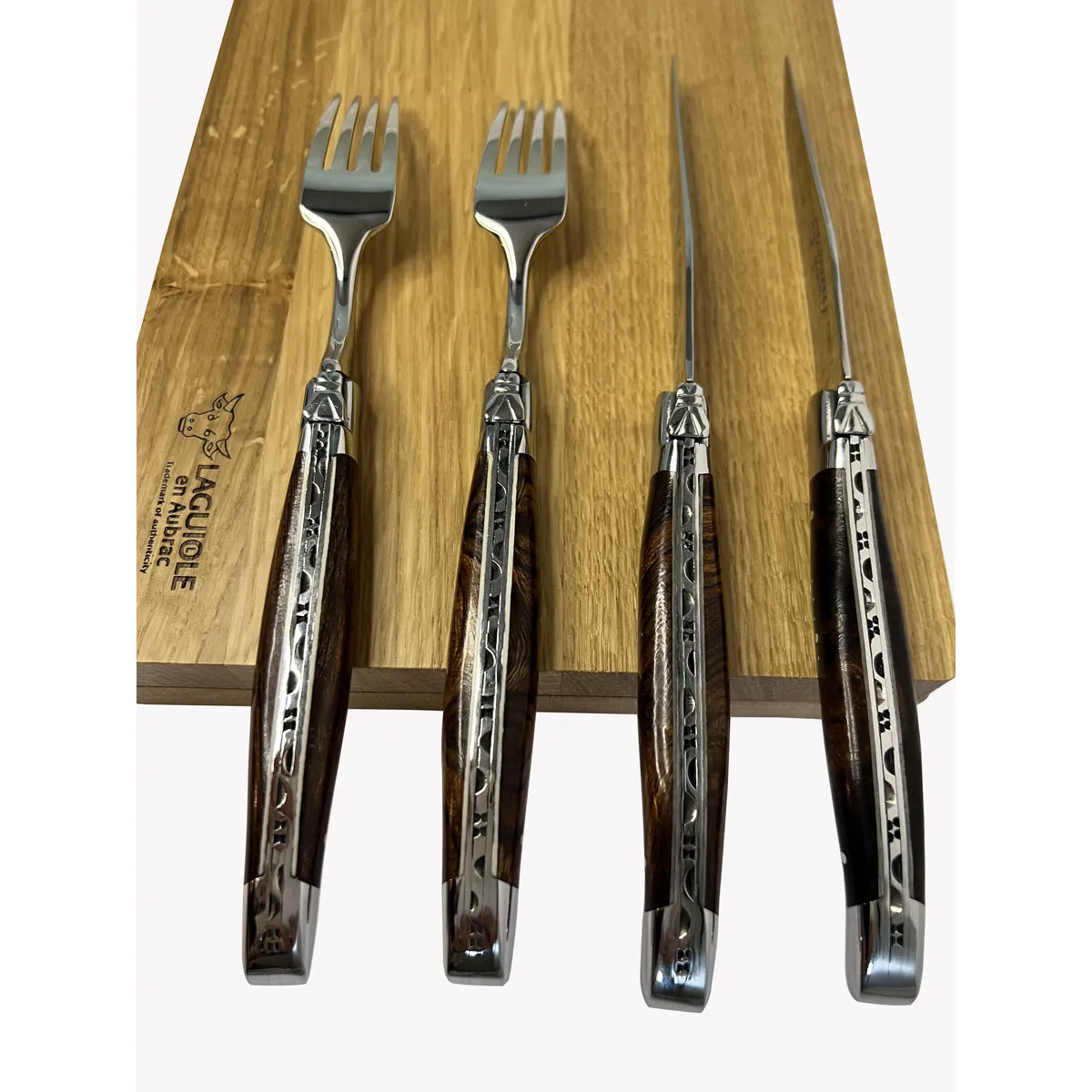 Laguiole en Aubrac Handcrafted 4-Piece Set With 2 Steak Knives and 2 Forks with Luxury Rich African Ironwood Handles