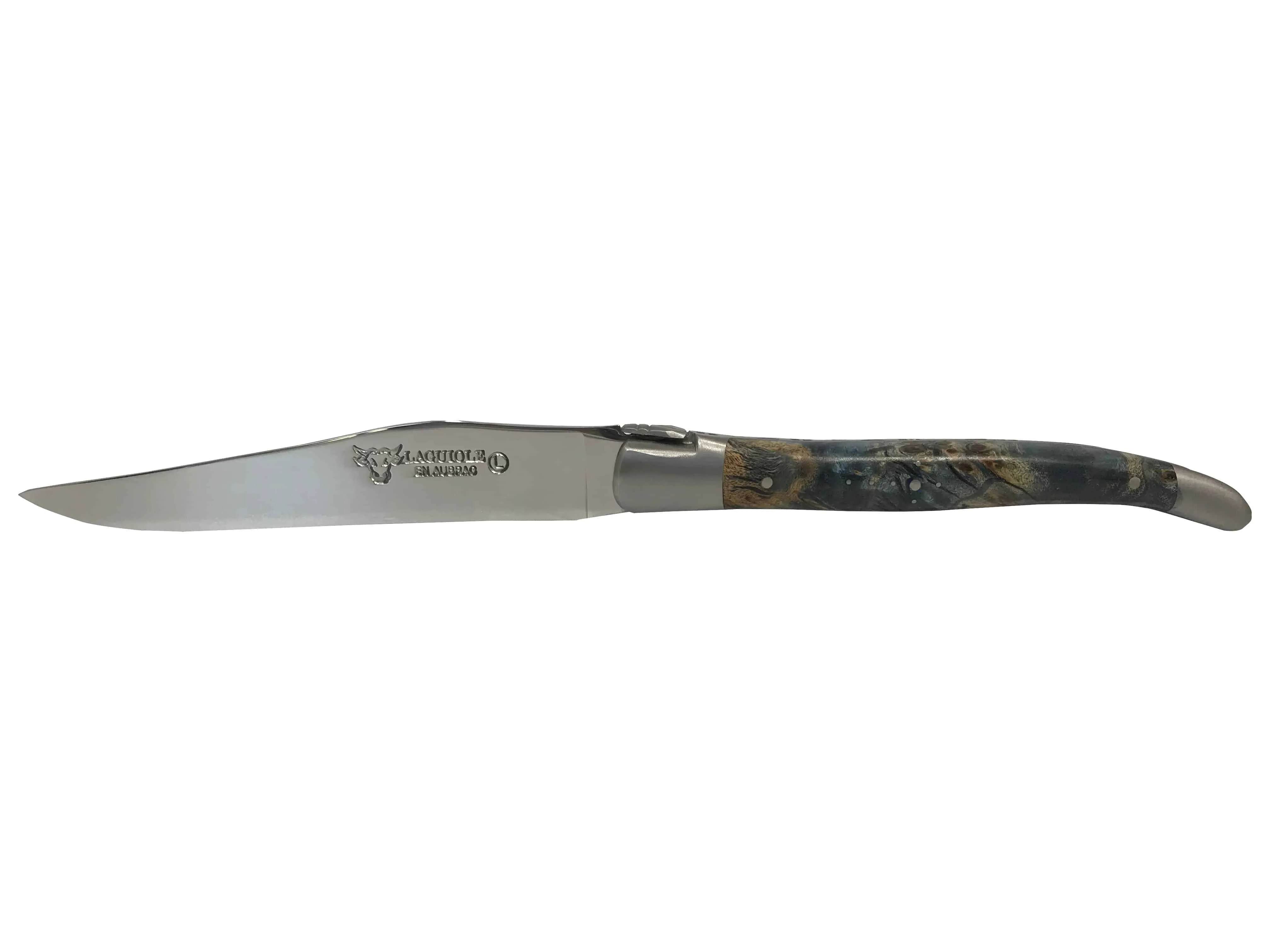 Laguiole en Aubrac Handcrafted 4-Piece Steak Knife Set with Blue Buckeye Burl Handles