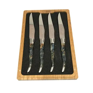 Laguiole en Aubrac Handcrafted 4-Piece Steak Knife Set with Blue Buckeye Burl Handles