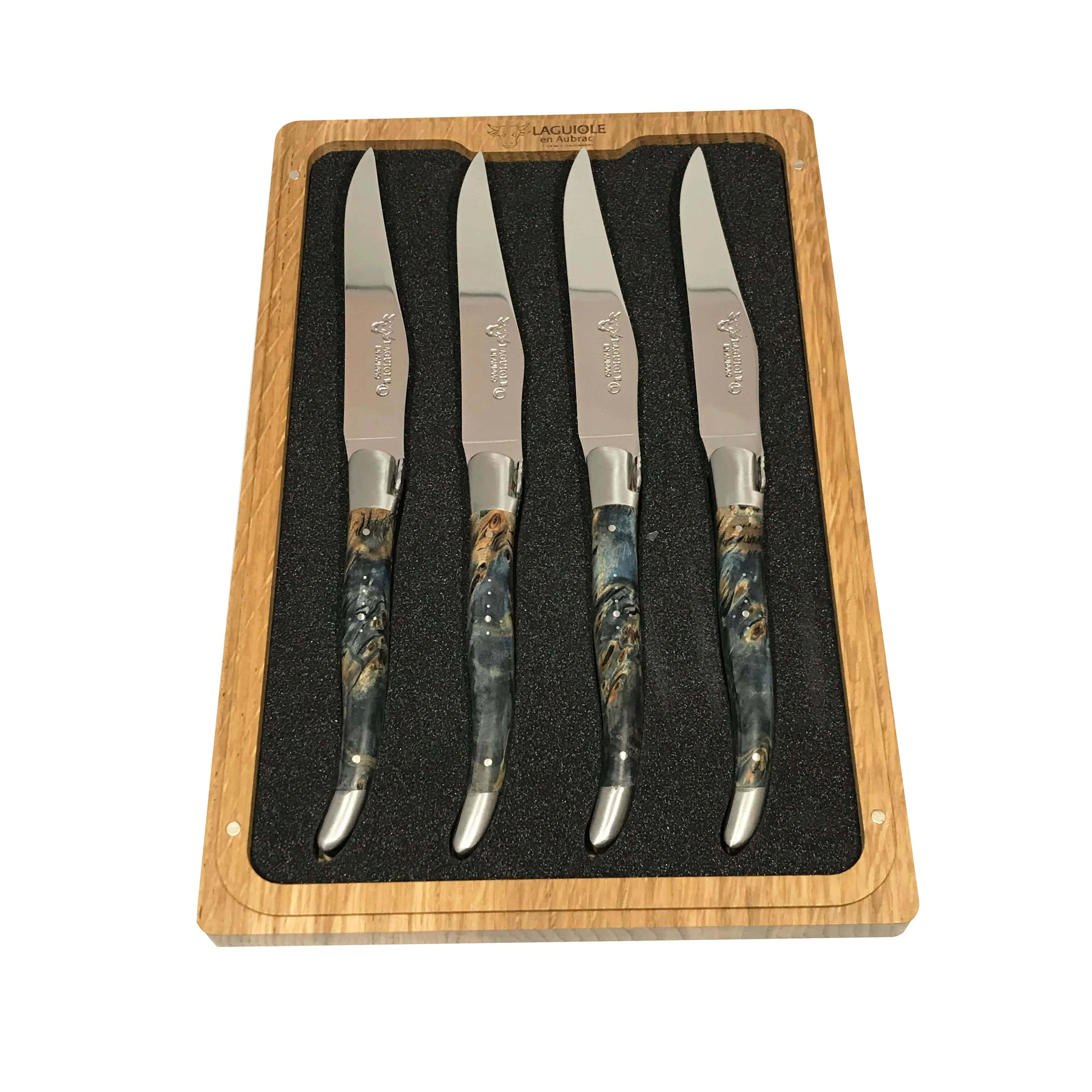 Laguiole en Aubrac Handcrafted 4-Piece Steak Knife Set with Blue Buckeye Burl Handles