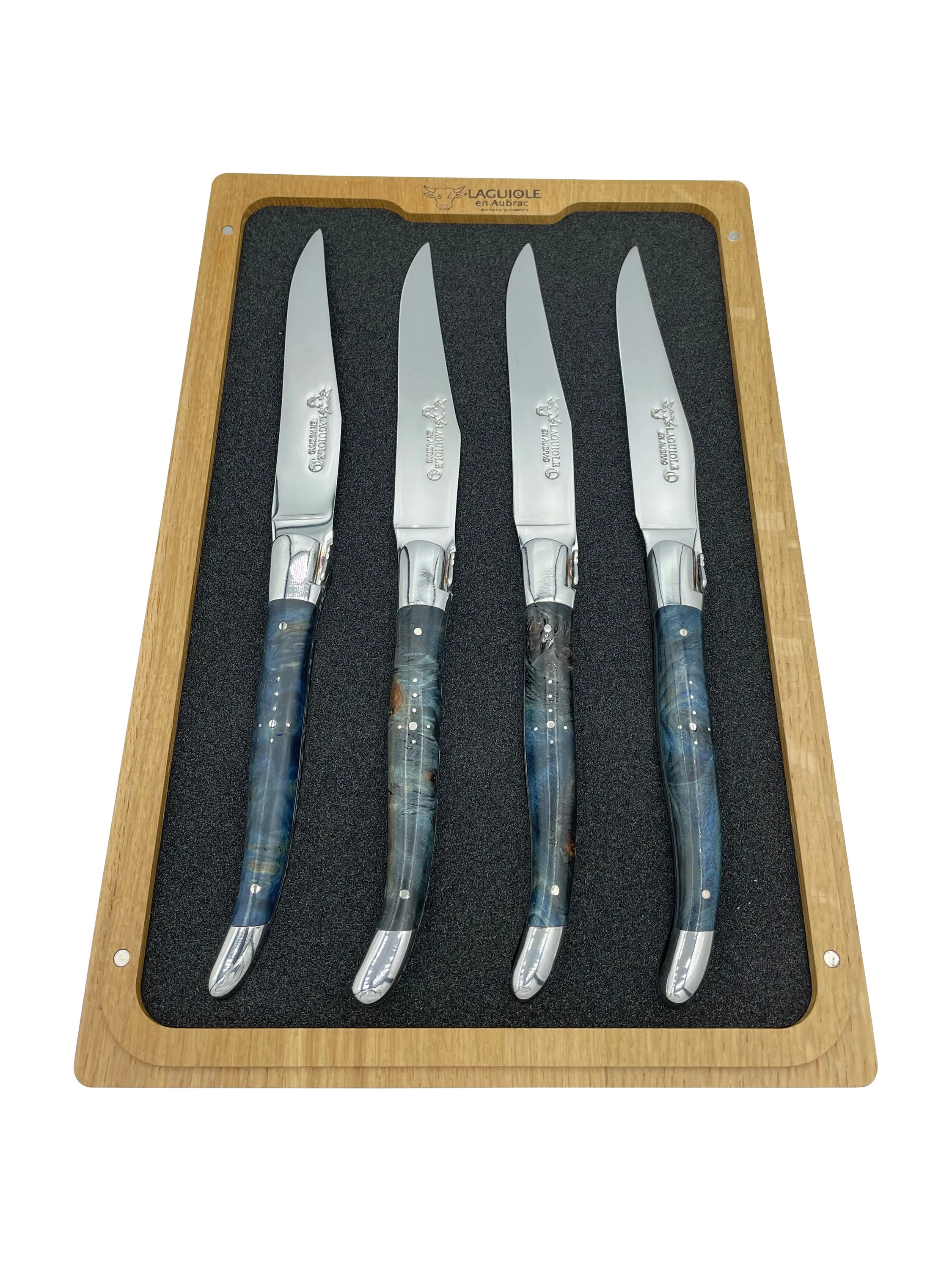 Laguiole en Aubrac Handcrafted 4-Piece Steak Knife Set with Blue Poplar Burl Handles, Polished Bolster