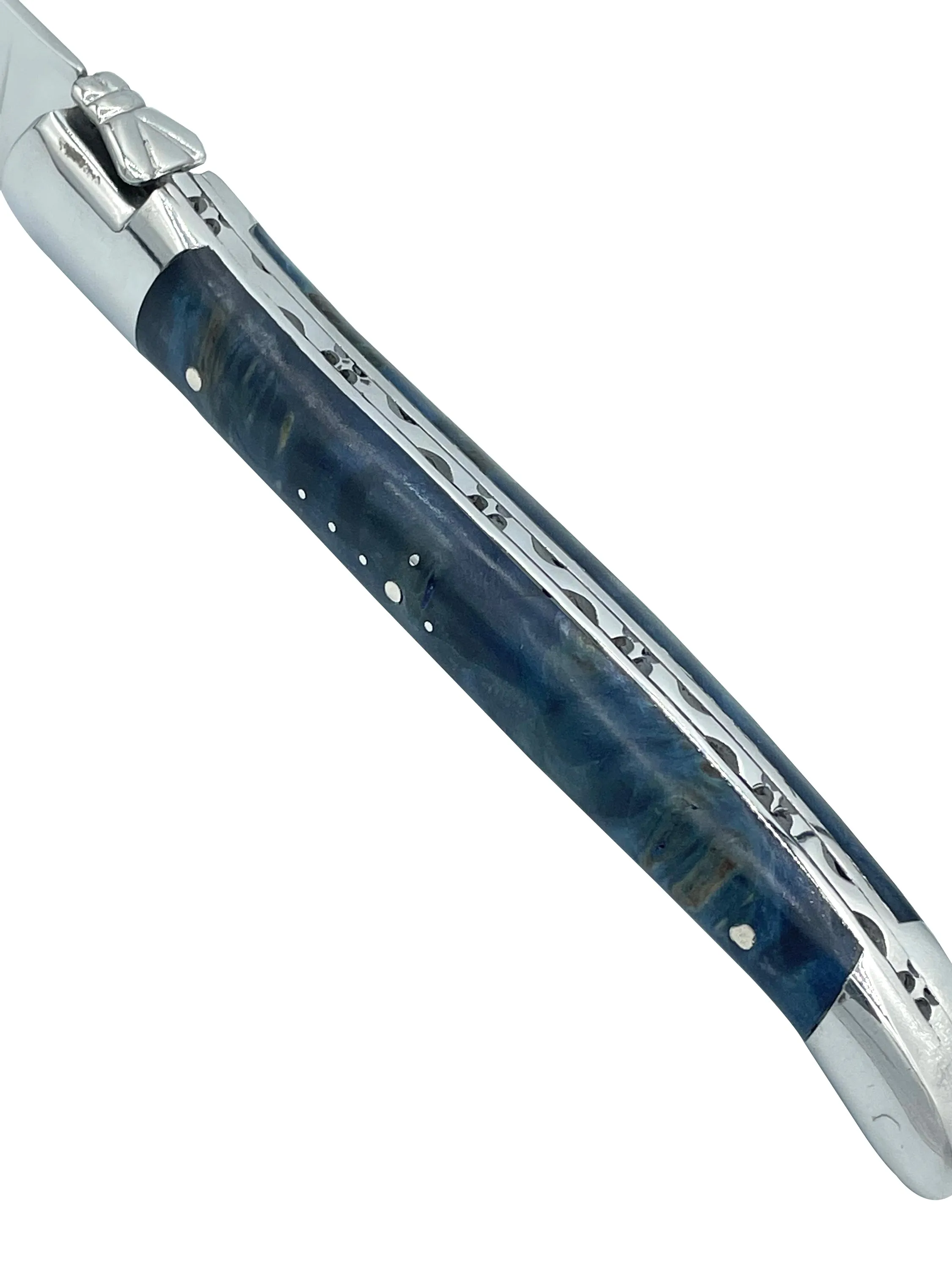 Laguiole en Aubrac Handcrafted 4-Piece Steak Knife Set with Blue Poplar Burl Handles, Polished Bolster