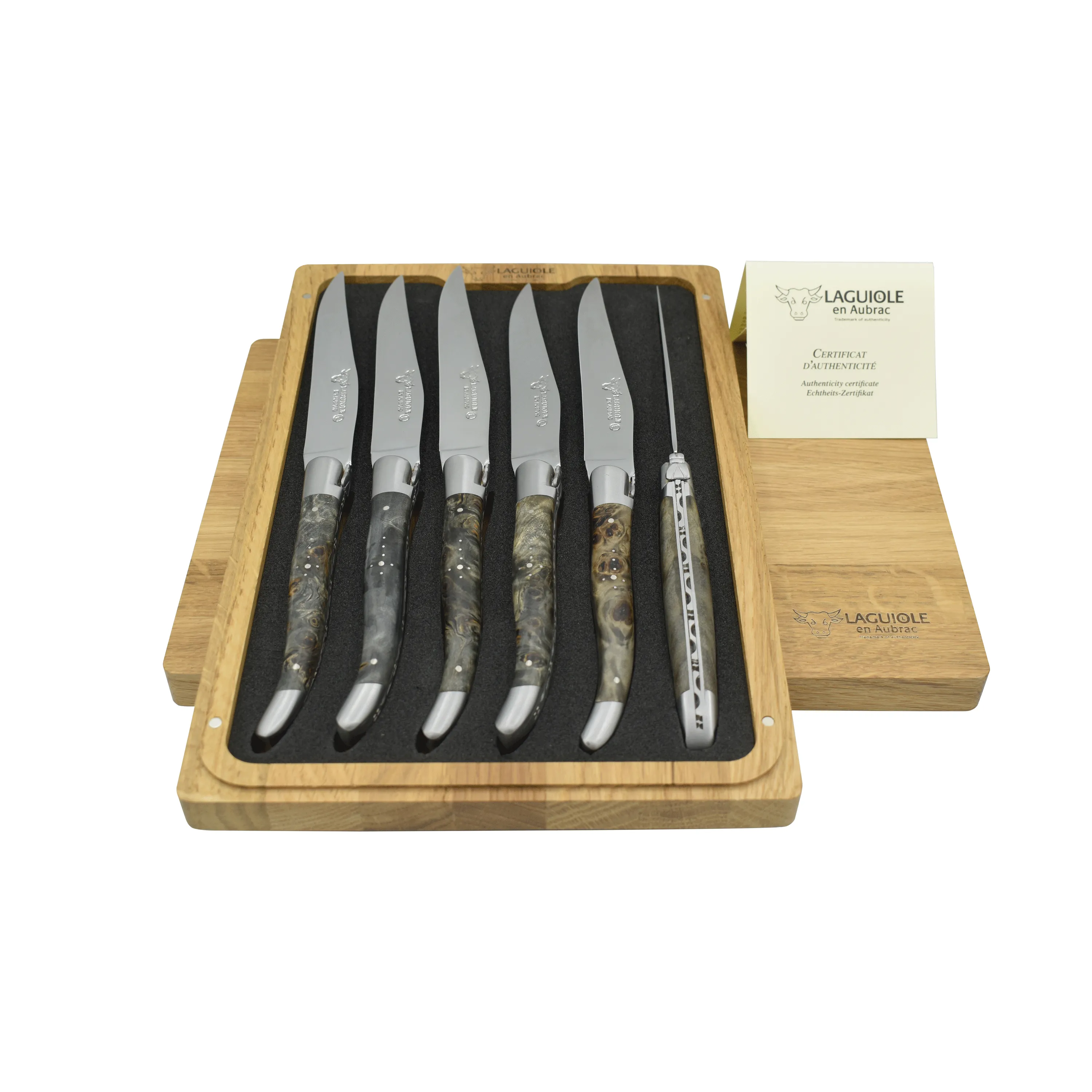 Laguiole en Aubrac Handcrafted 6-Piece Steak Knife Set with Blackened Poplar Burl Wood Handles, Brushed Bolsters