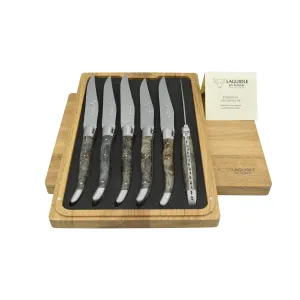 Laguiole en Aubrac Handcrafted 6-Piece Steak Knife Set with Blackened Poplar Burl Wood Handles, Brushed Bolsters