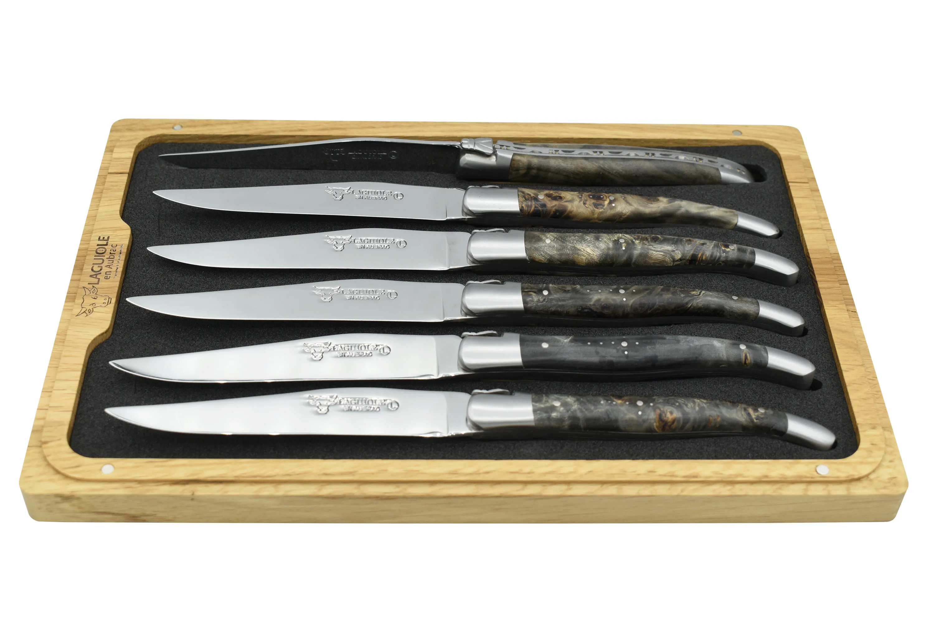 Laguiole en Aubrac Handcrafted 6-Piece Steak Knife Set with Blackened Poplar Burl Wood Handles, Brushed Bolsters