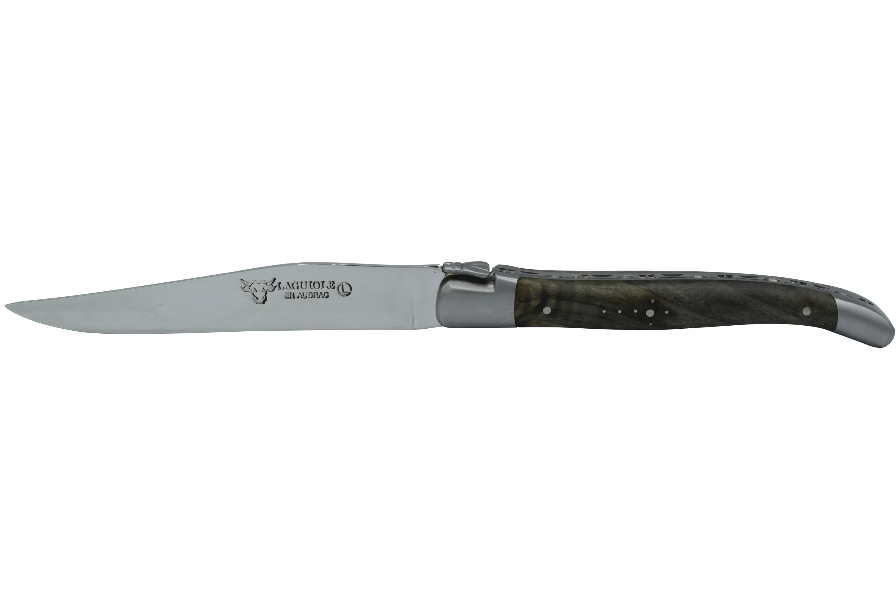Laguiole en Aubrac Handcrafted 6-Piece Steak Knife Set with Blackened Poplar Burl Wood Handles, Brushed Bolsters