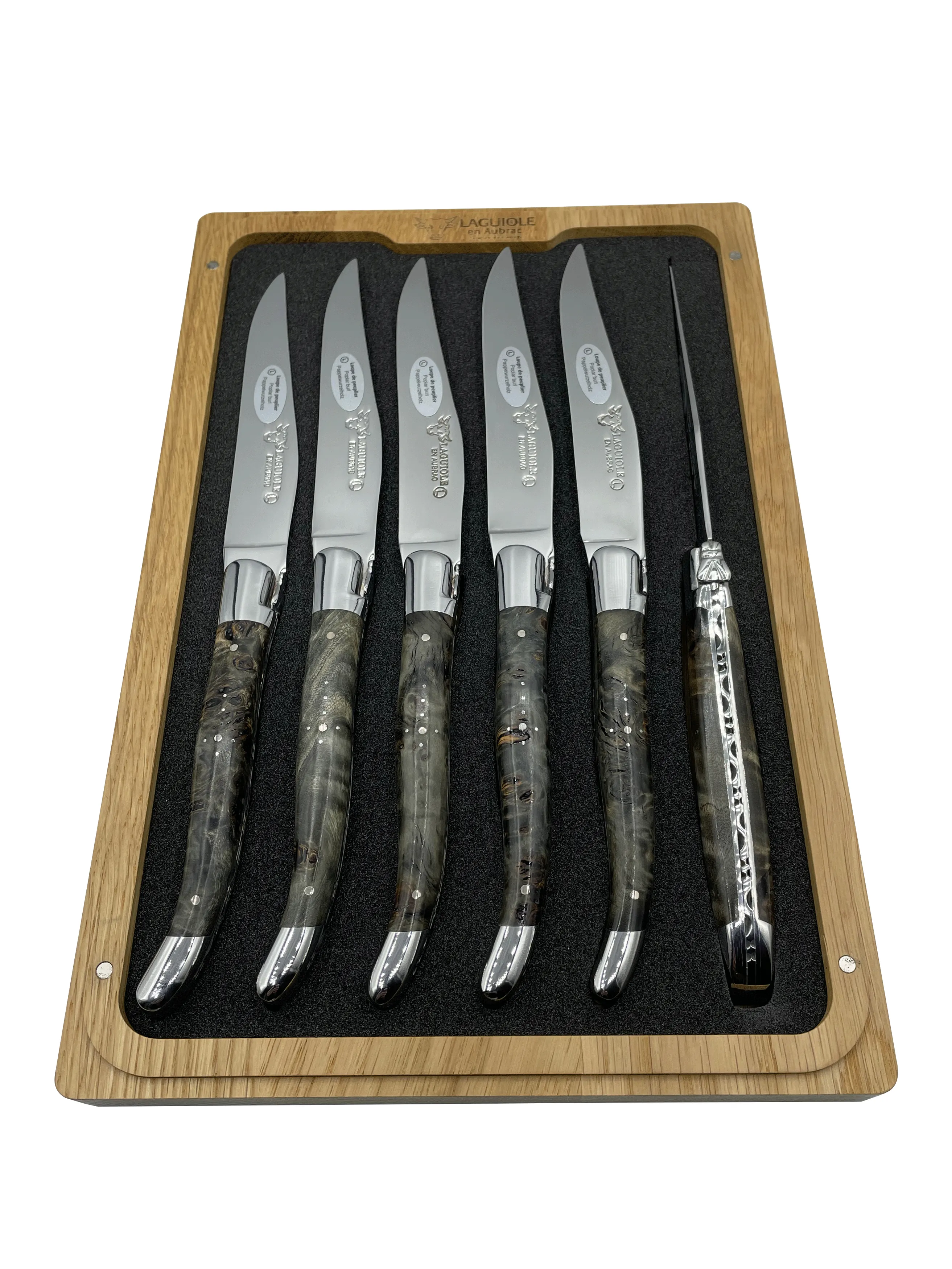 Laguiole en Aubrac Handcrafted 6-Piece Steak Knife Set with Blackened Poplar Burl Wood Handles, Polished Bolsters