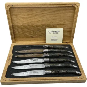 Laguiole en Aubrac Handcrafted 6-Piece Steak Knife Set with Blackened Poplar Burl Wood Handles, Polished Bolsters