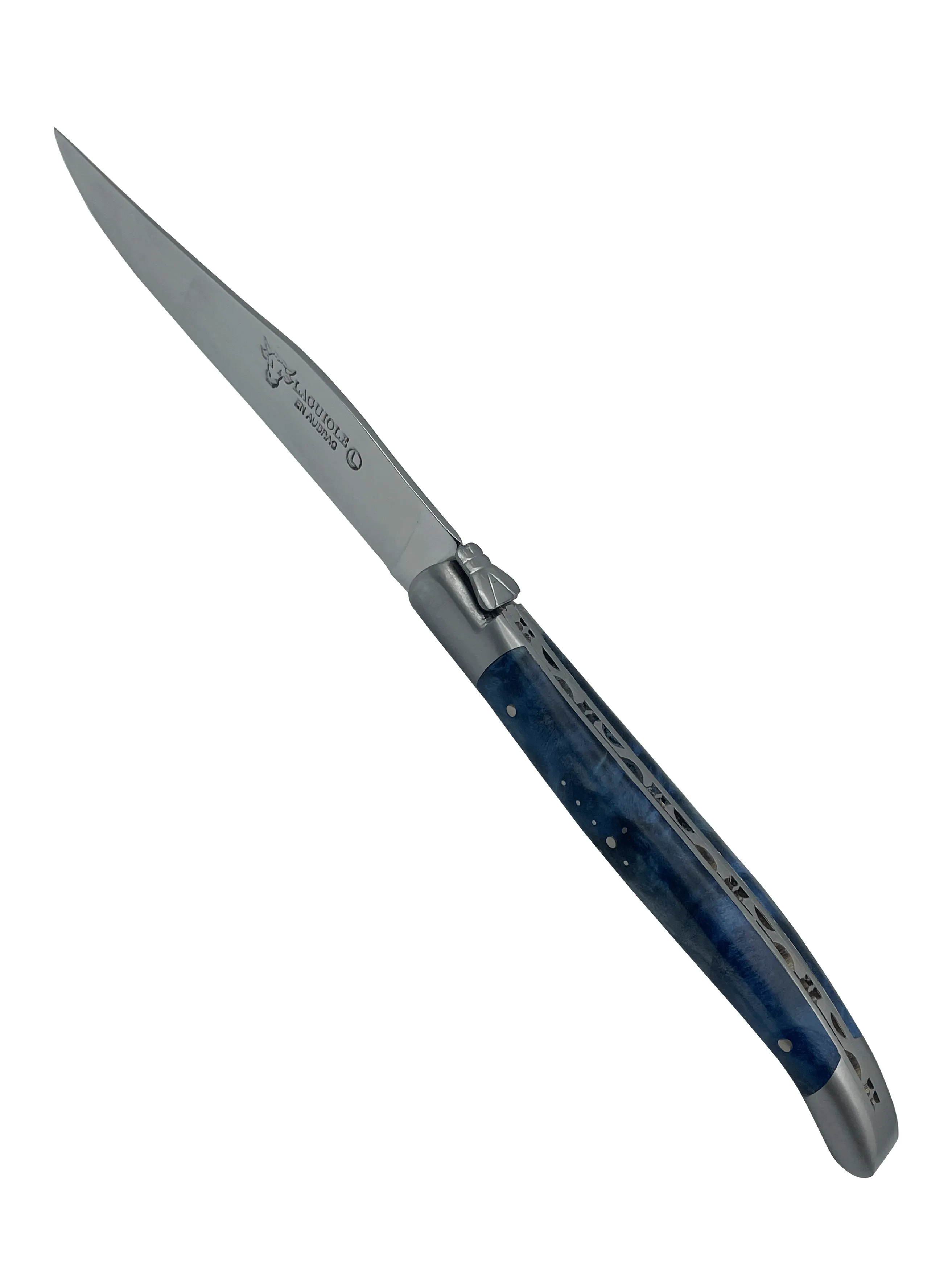 Laguiole en Aubrac Handcrafted 6-Piece Steak Knife Set with Blue Poplar Burl Handles, Brushed Bolster