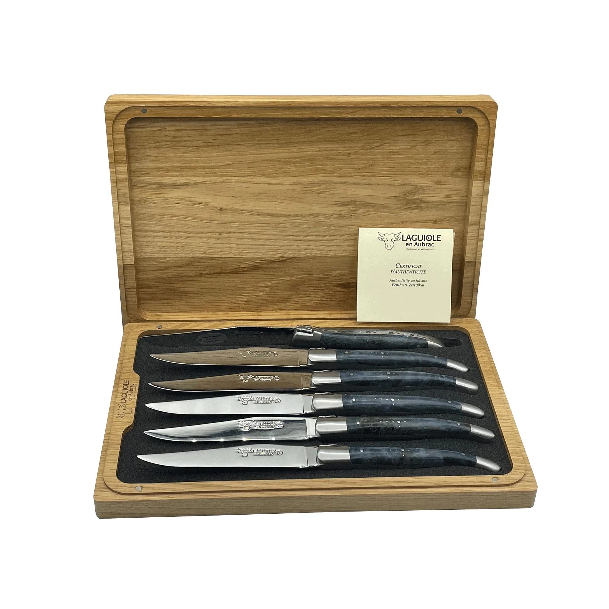 Laguiole en Aubrac Handcrafted 6-Piece Steak Knife Set with Blue Poplar Burl Handles, Brushed Bolster