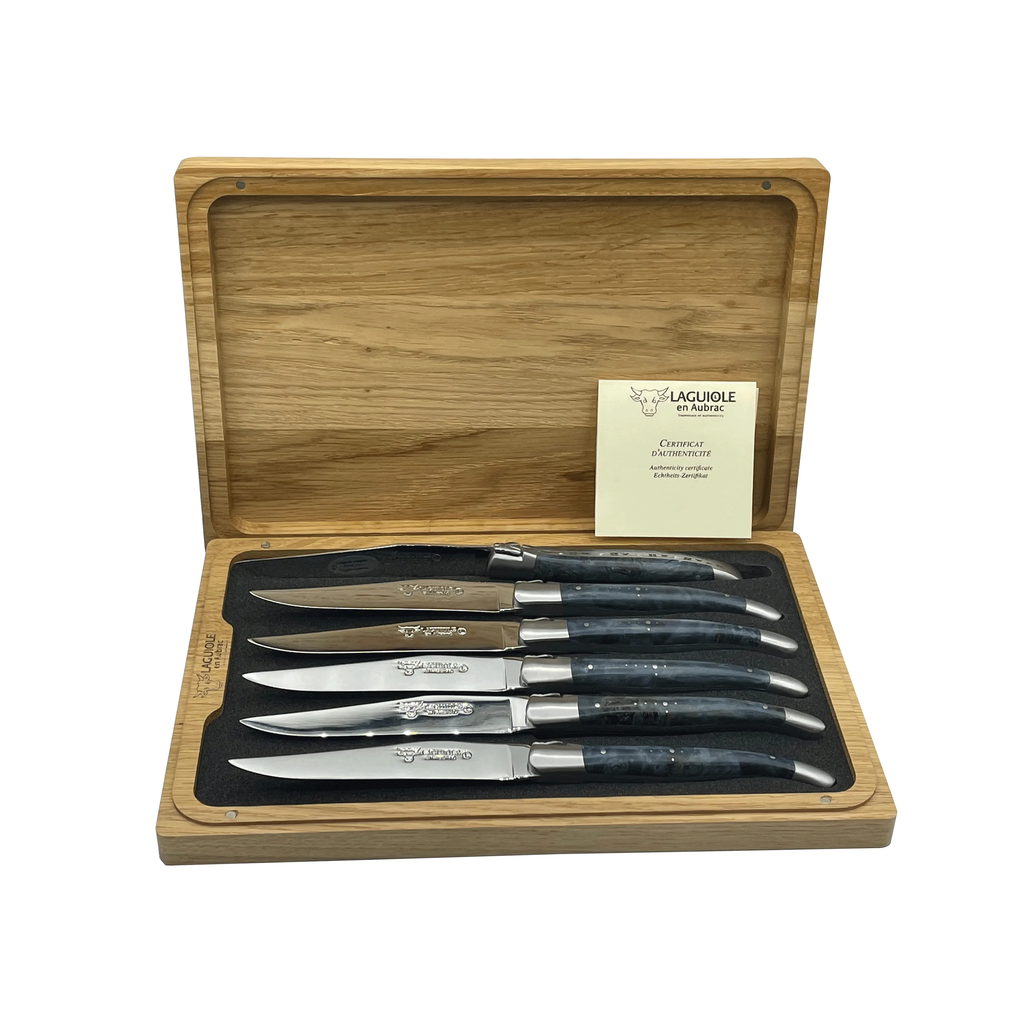 Laguiole en Aubrac Handcrafted 6-Piece Steak Knife Set with Blue Poplar Burl Handles, Brushed Bolster