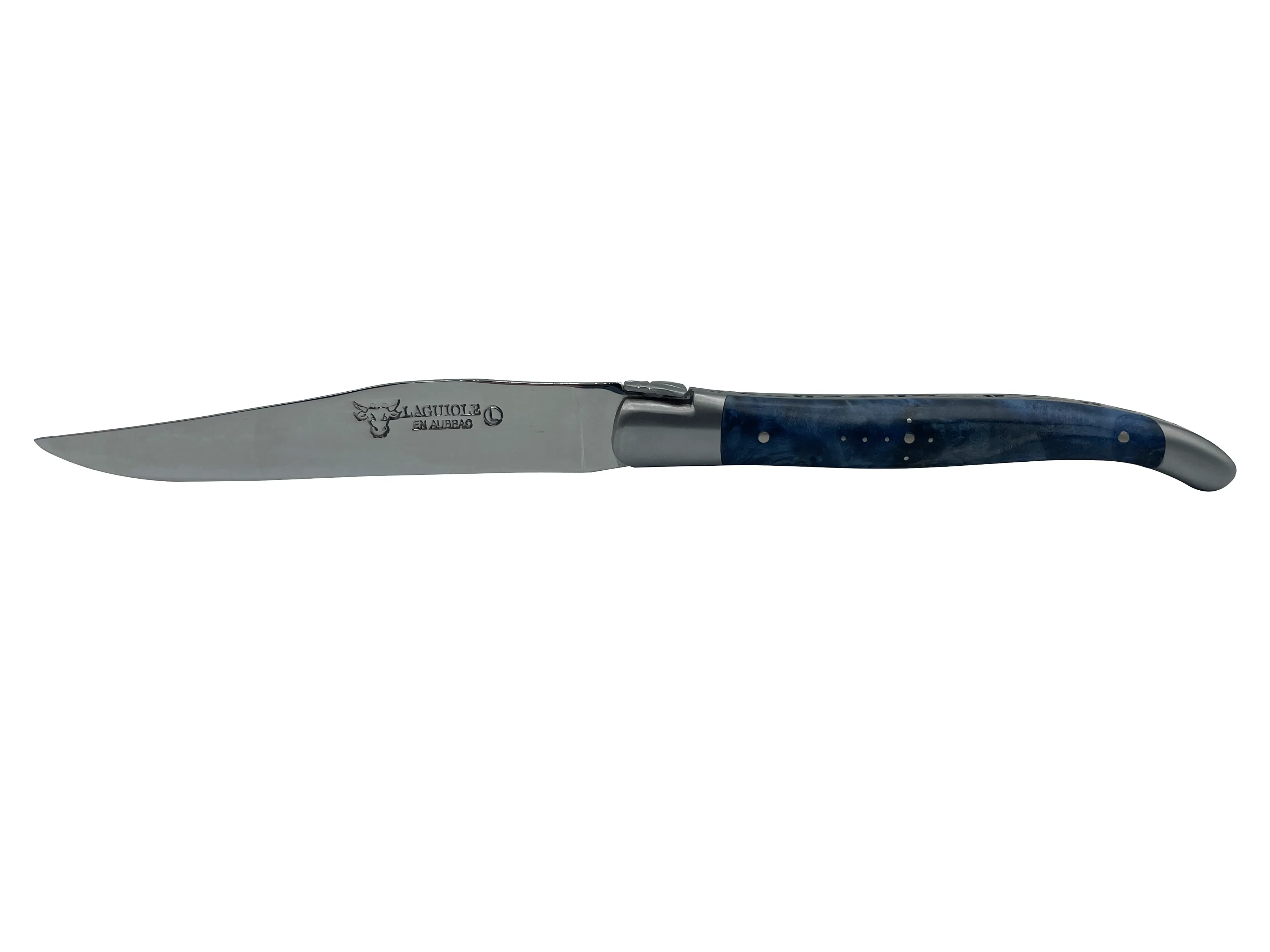 Laguiole en Aubrac Handcrafted 6-Piece Steak Knife Set with Blue Poplar Burl Handles, Brushed Bolster