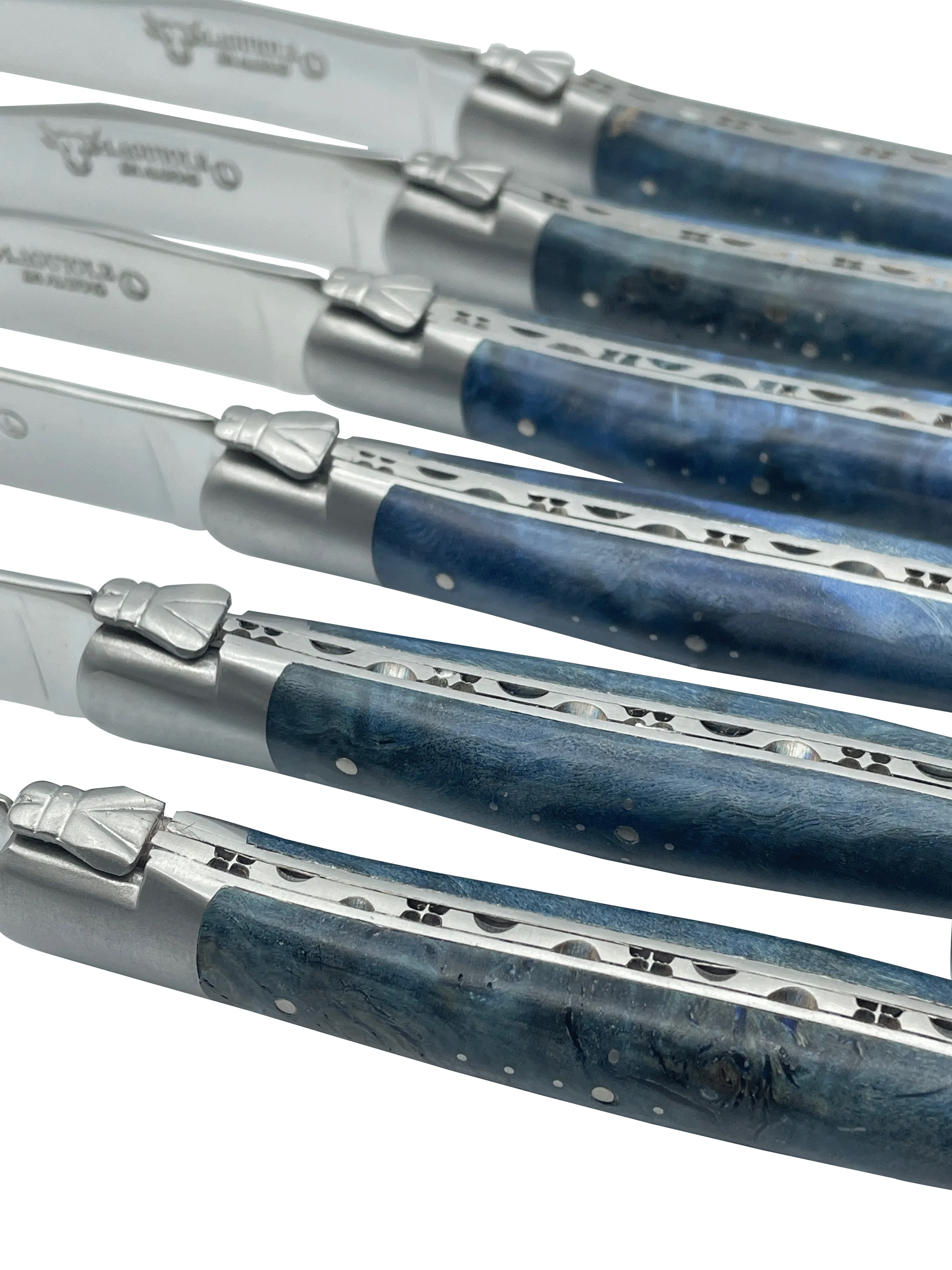 Laguiole en Aubrac Handcrafted 6-Piece Steak Knife Set with Blue Poplar Burl Handles, Brushed Bolster