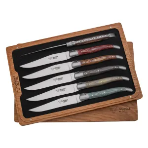 Laguiole en Aubrac Handcrafted 6-Piece Steak Knife Set with Mixed Pakawood Handles, Stainless Steel Matte Bolsters