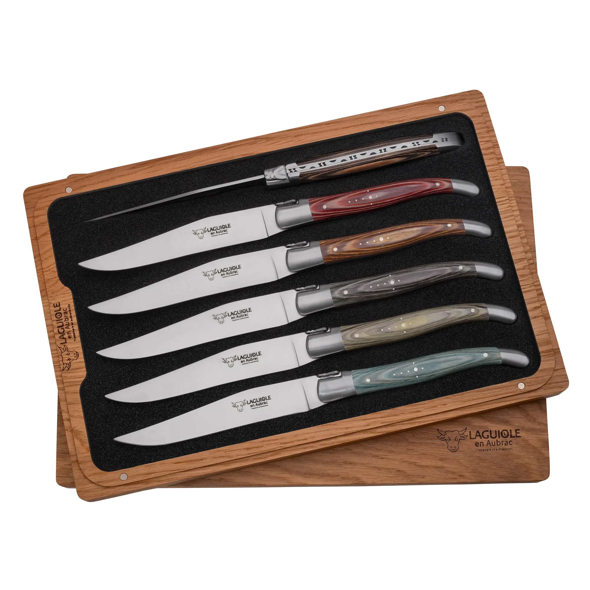 Laguiole en Aubrac Handcrafted 6-Piece Steak Knife Set with Mixed Pakawood Handles, Stainless Steel Matte Bolsters