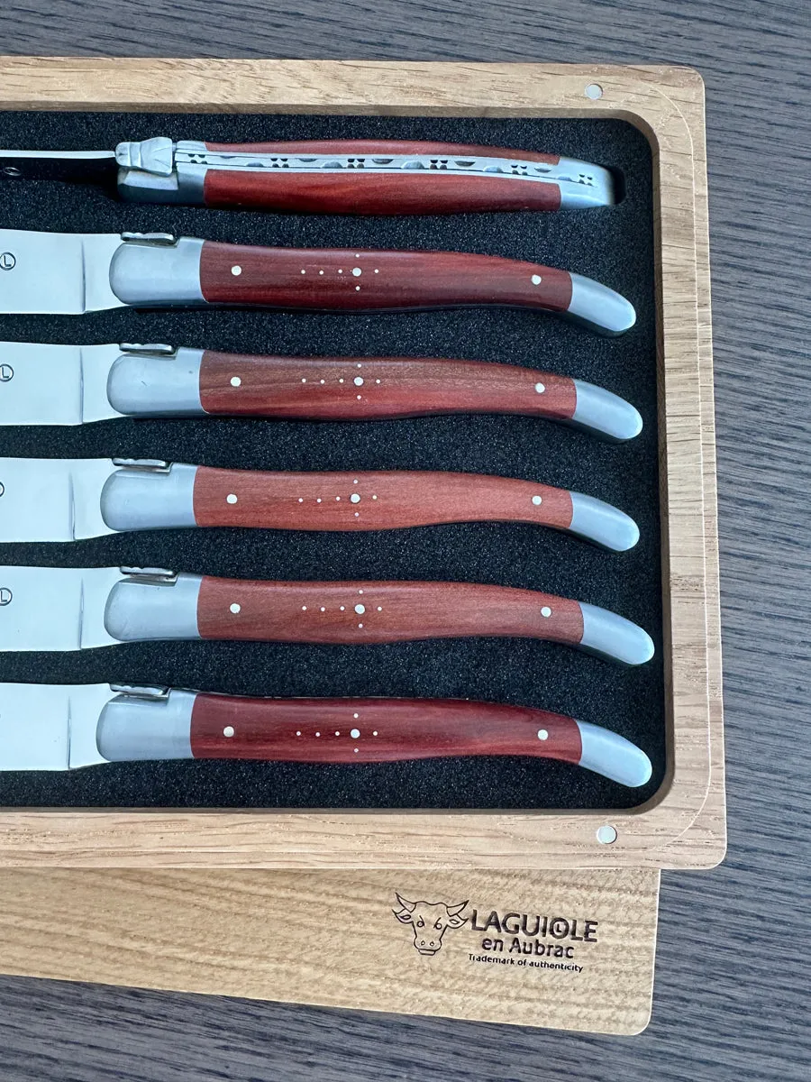 Laguiole en Aubrac Handcrafted 6-Piece Steak Knife Set With Red Heart Wood Handles, Brushed Bolsters