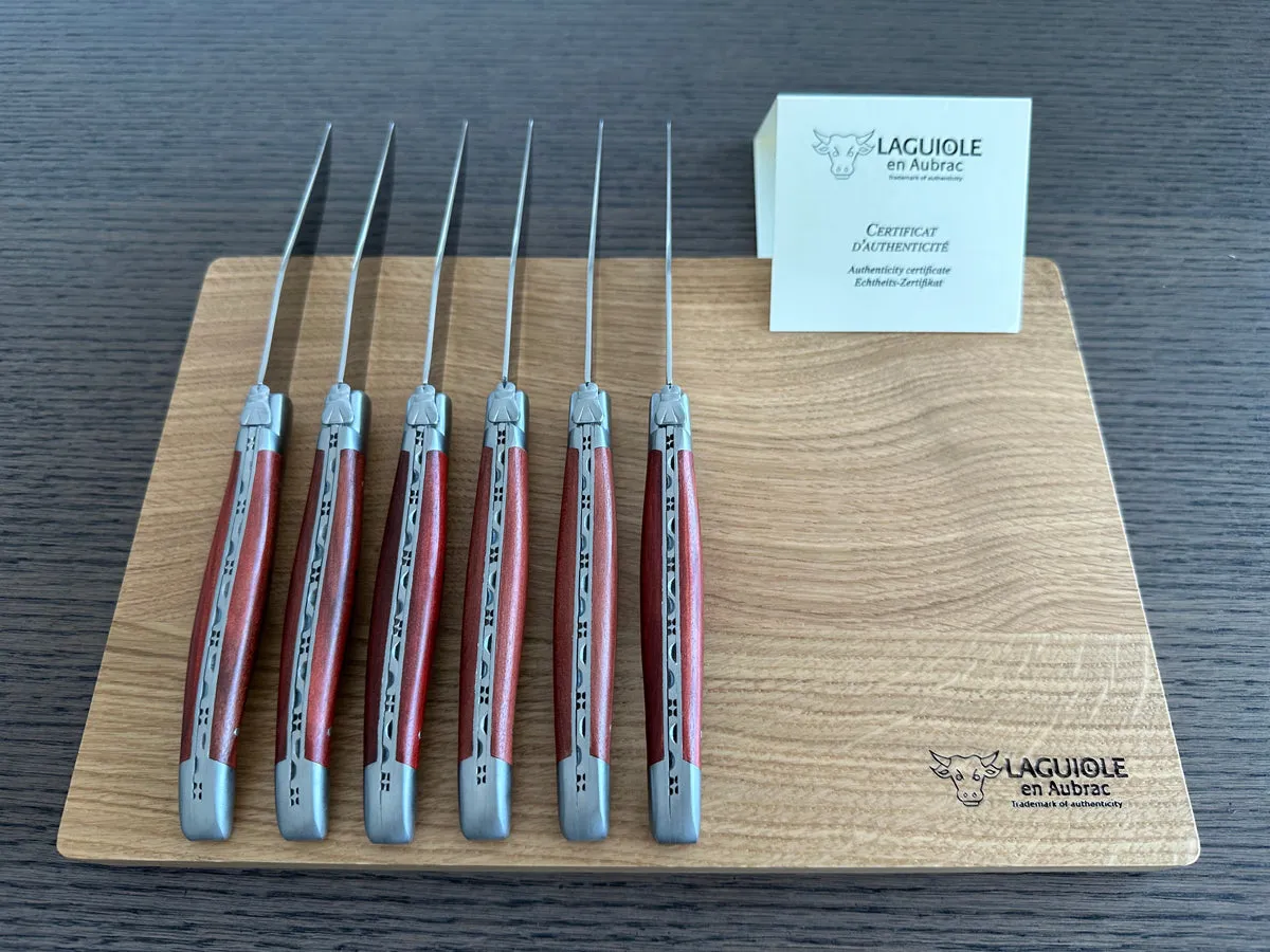 Laguiole en Aubrac Handcrafted 6-Piece Steak Knife Set With Red Heart Wood Handles, Brushed Bolsters
