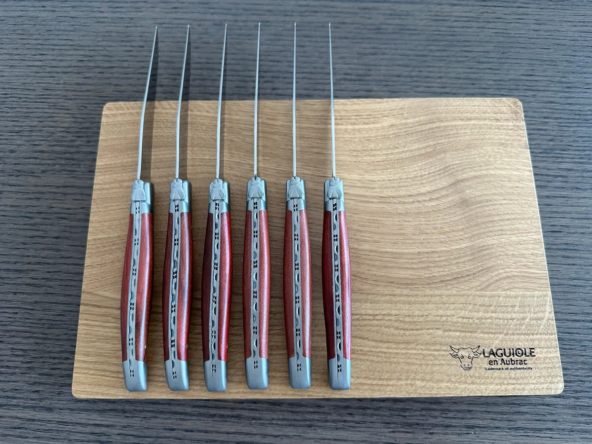 Laguiole en Aubrac Handcrafted 6-Piece Steak Knife Set With Red Heart Wood Handles, Brushed Bolsters