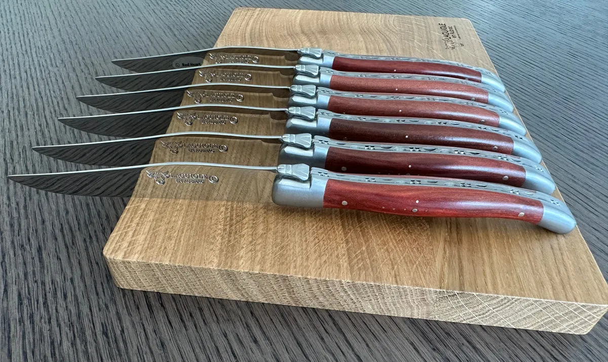 Laguiole en Aubrac Handcrafted 6-Piece Steak Knife Set With Red Heart Wood Handles, Brushed Bolsters