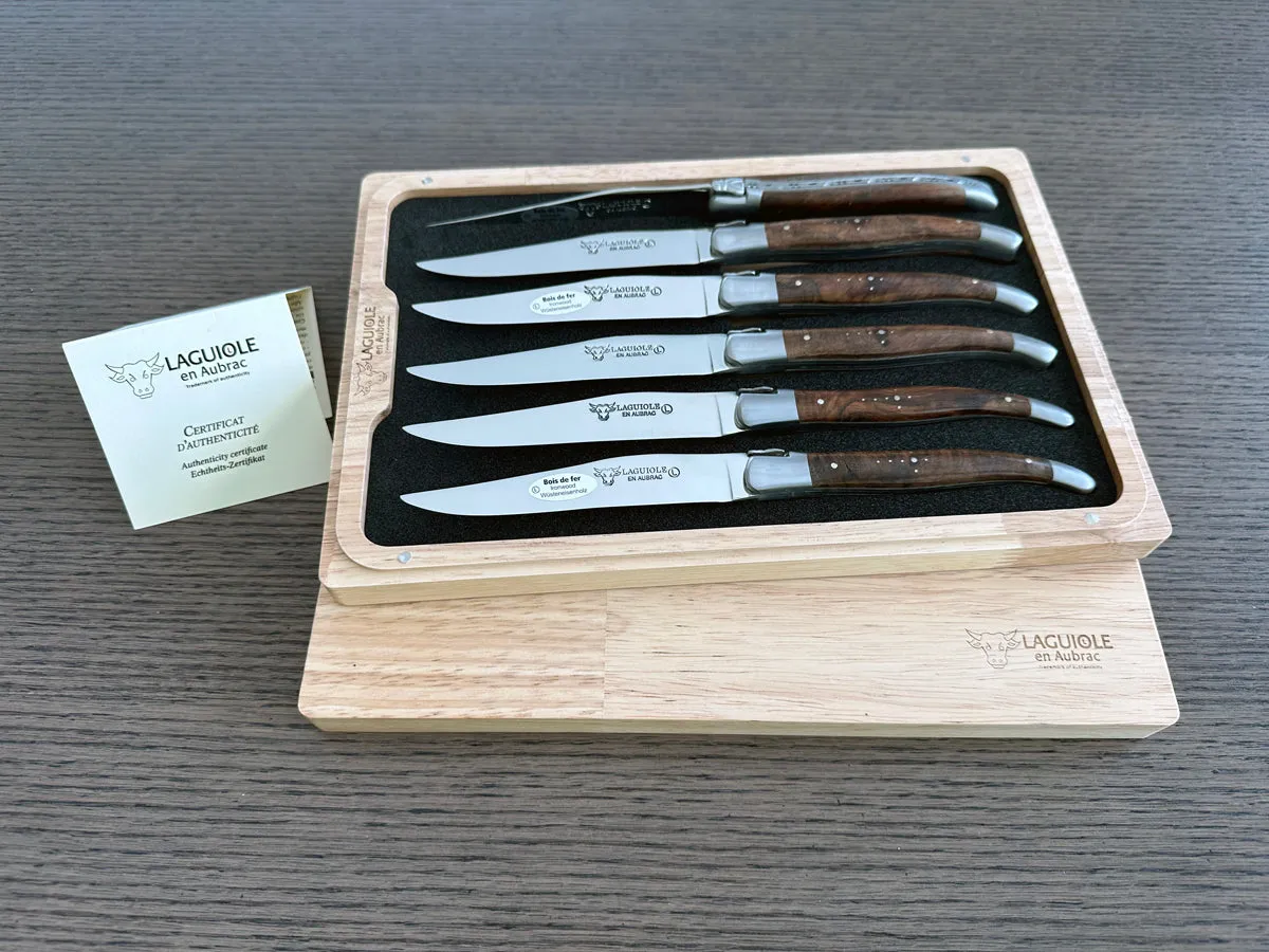 Laguiole en Aubrac Handcrafted 6-Piece Steak Knife Set with Rich Desert Ironwood Handles