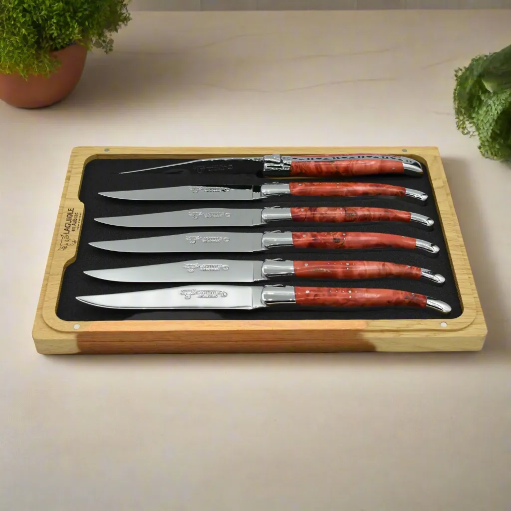 Laguiole en Aubrac Handcrafted Polished 6-Piece Steak Knife Set with Red Poplar Burl Handles