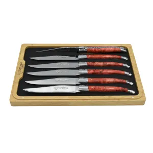 Laguiole en Aubrac Handcrafted Polished 6-Piece Steak Knife Set with Red Poplar Burl Handles