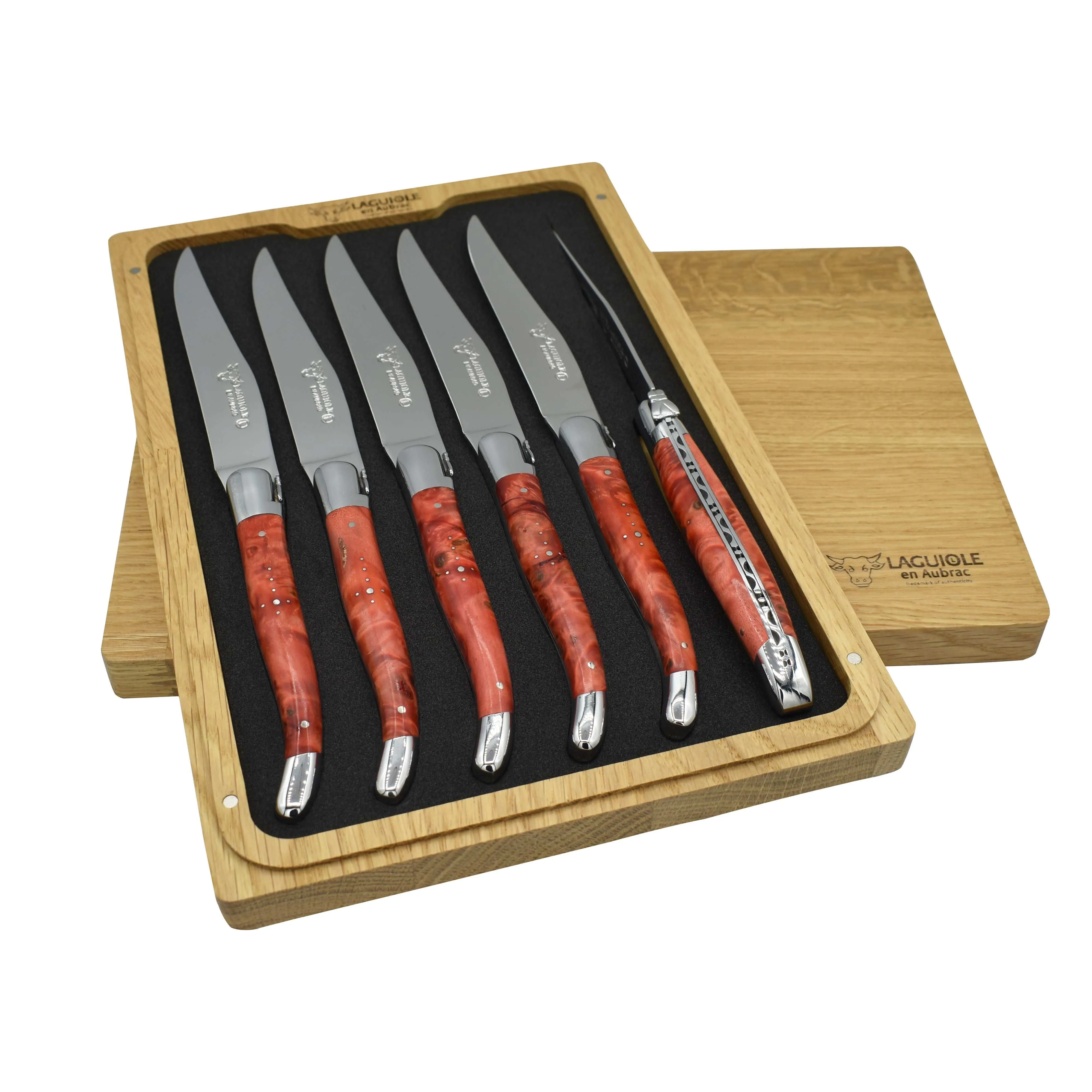 Laguiole en Aubrac Handcrafted Polished 6-Piece Steak Knife Set with Red Poplar Burl Handles