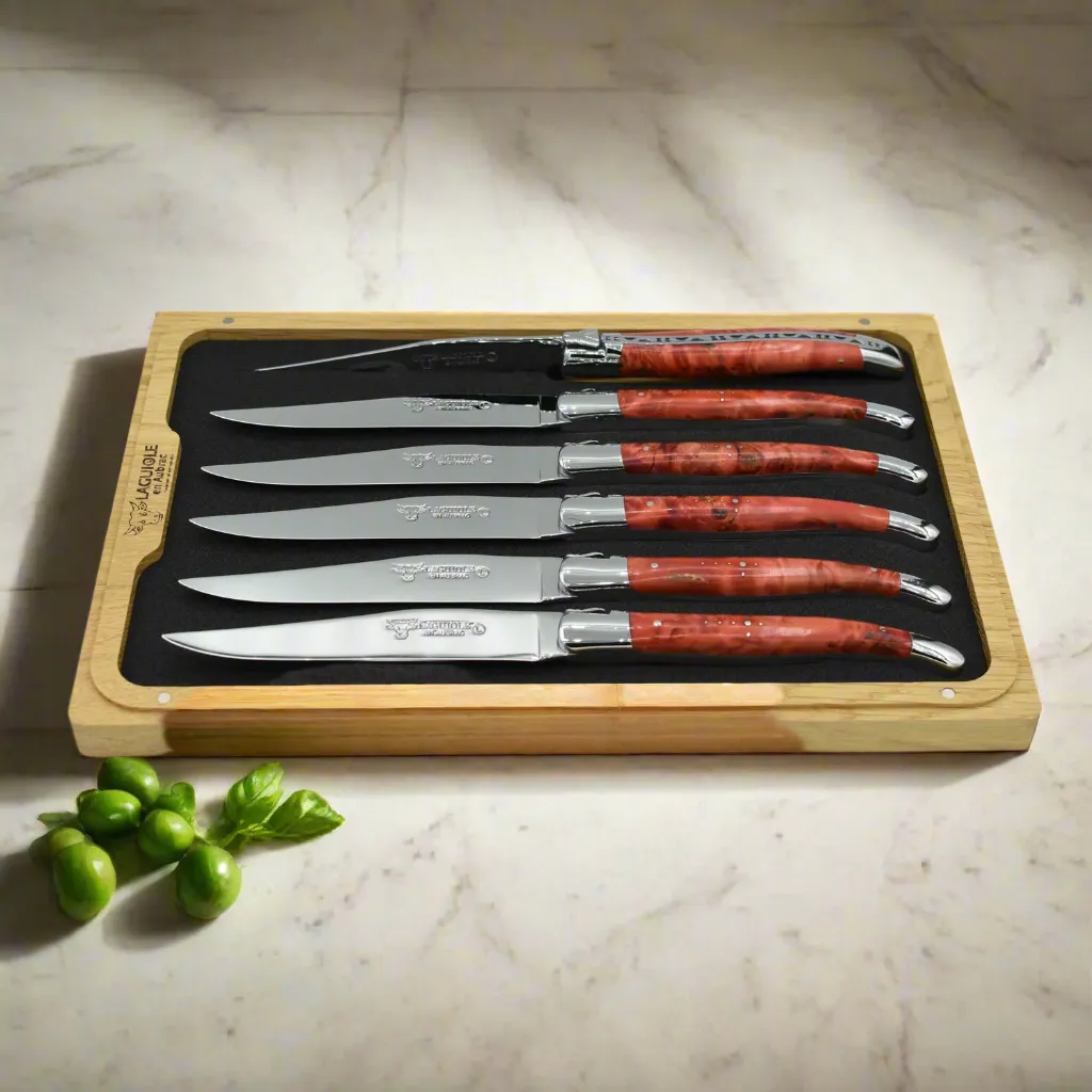 Laguiole en Aubrac Handcrafted Polished 6-Piece Steak Knife Set with Red Poplar Burl Handles