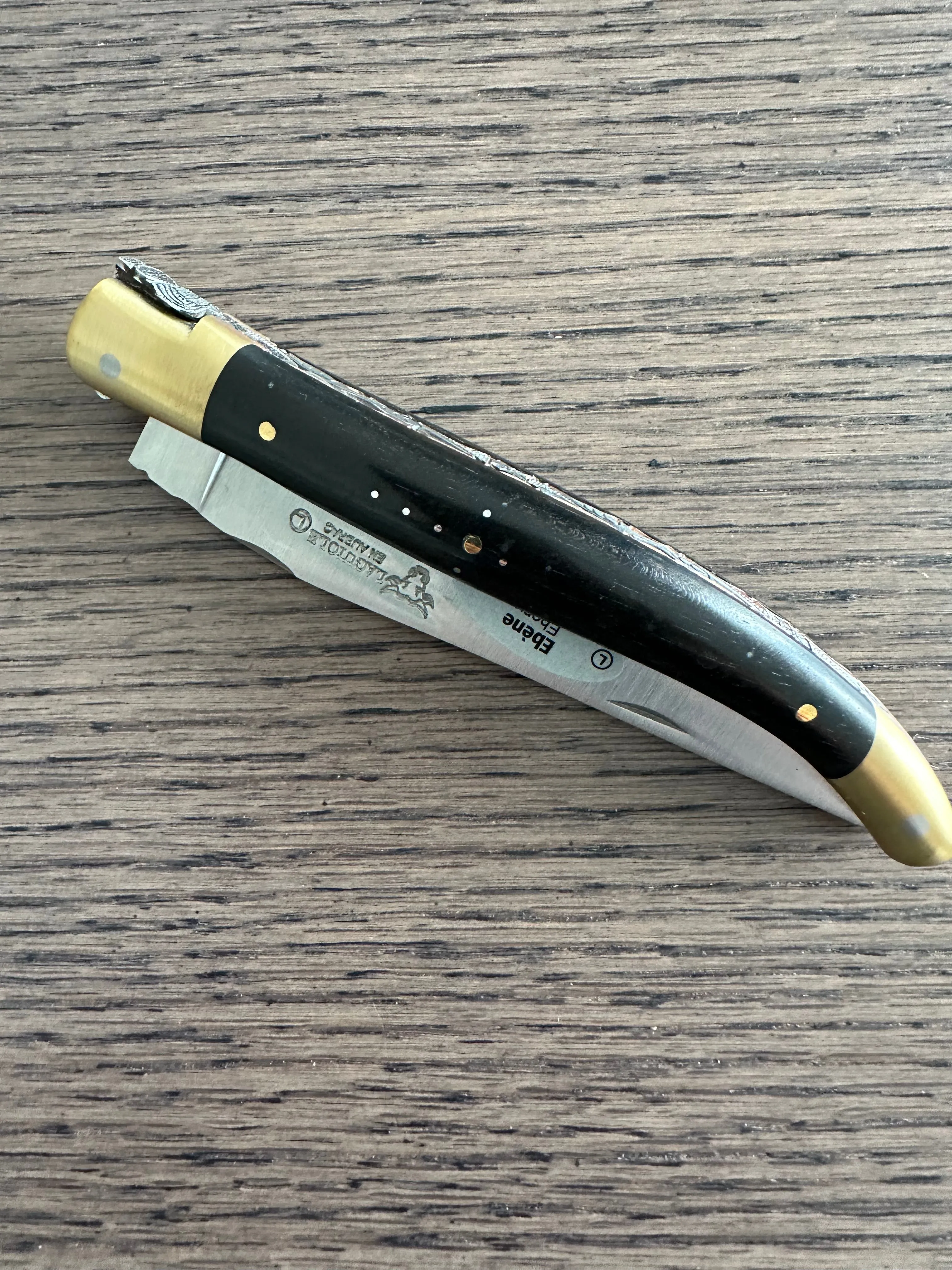 Laguiole en Aubrac Le Bijou Luxury Multipurpose Knife, 4.8-in (12cm), Ebony Wood Handle, With  Brass Bolsters, And Two Copper Plates