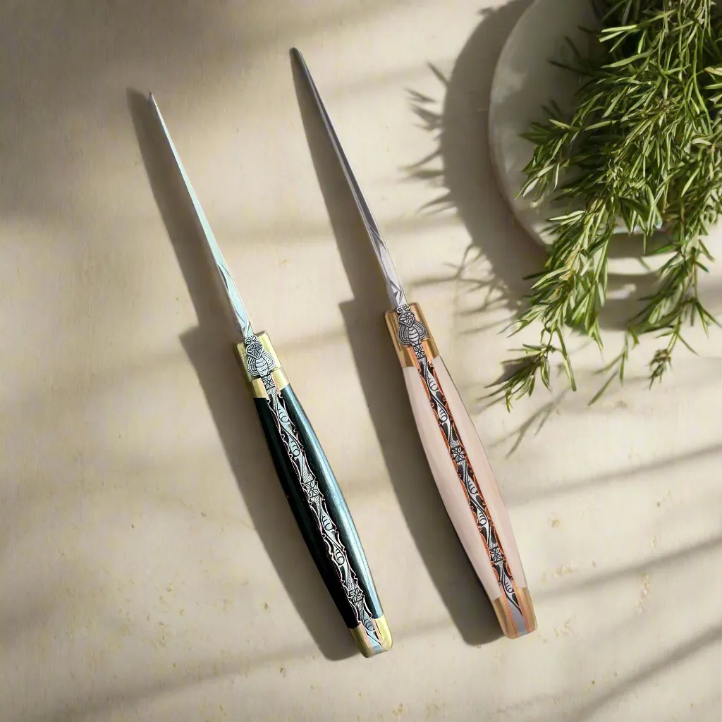 Laguiole en Aubrac Le Bijou Luxury Multipurpose Knife, 4.8-in (12cm), Ebony Wood Handle, With  Brass Bolsters, And Two Copper Plates