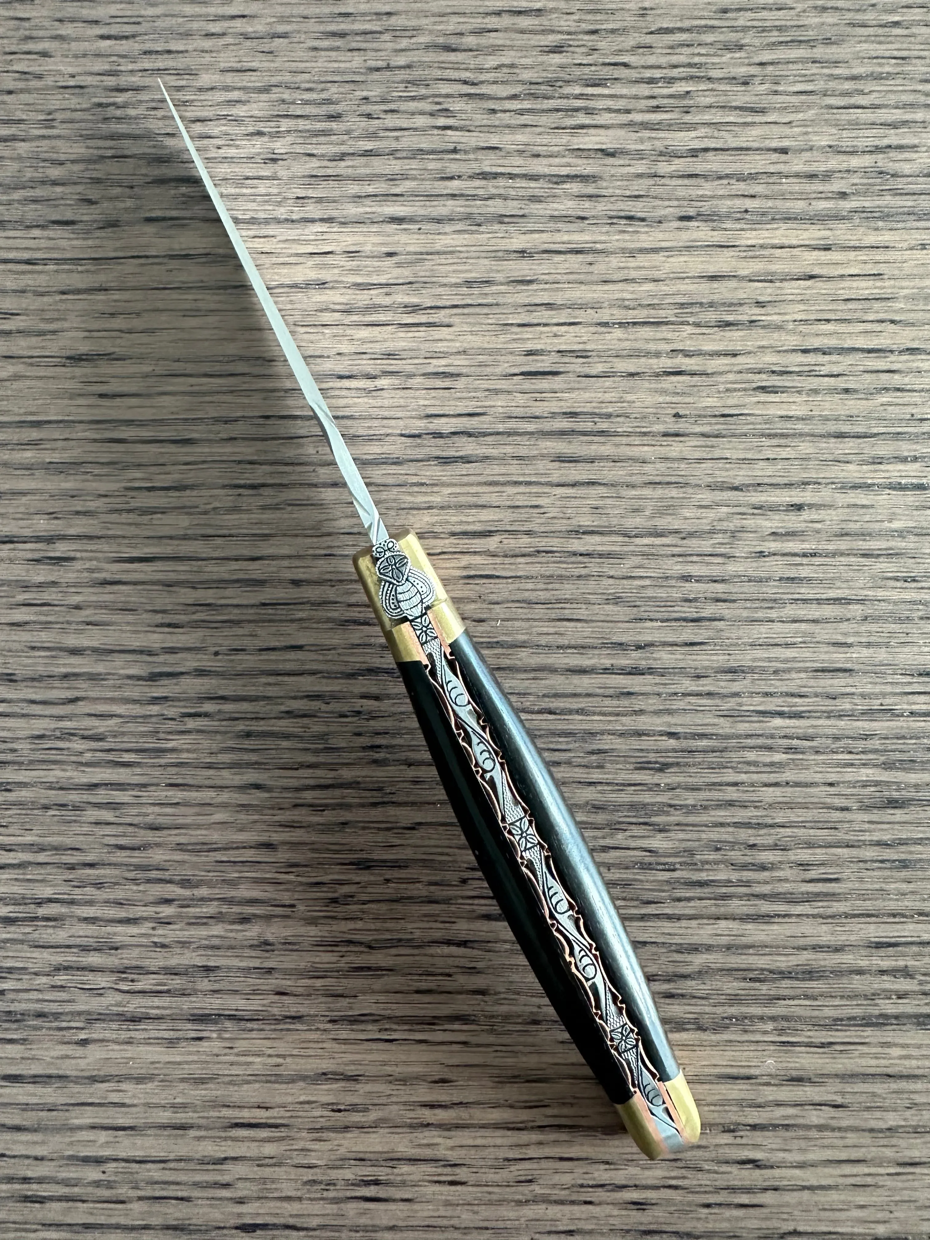Laguiole en Aubrac Le Bijou Luxury Multipurpose Knife, 4.8-in (12cm), Ebony Wood Handle, With  Brass Bolsters, And Two Copper Plates