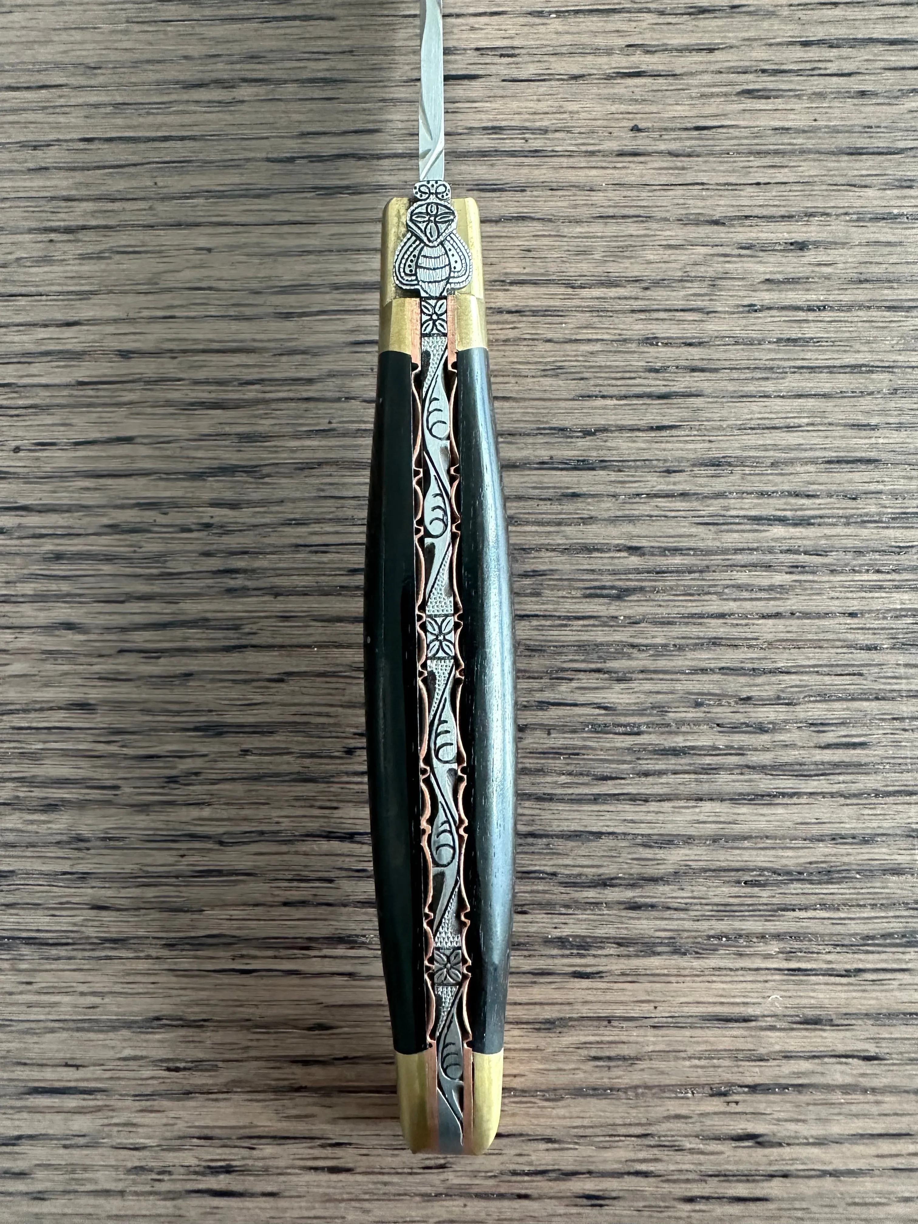 Laguiole en Aubrac Le Bijou Luxury Multipurpose Knife, 4.8-in (12cm), Ebony Wood Handle, With  Brass Bolsters, And Two Copper Plates