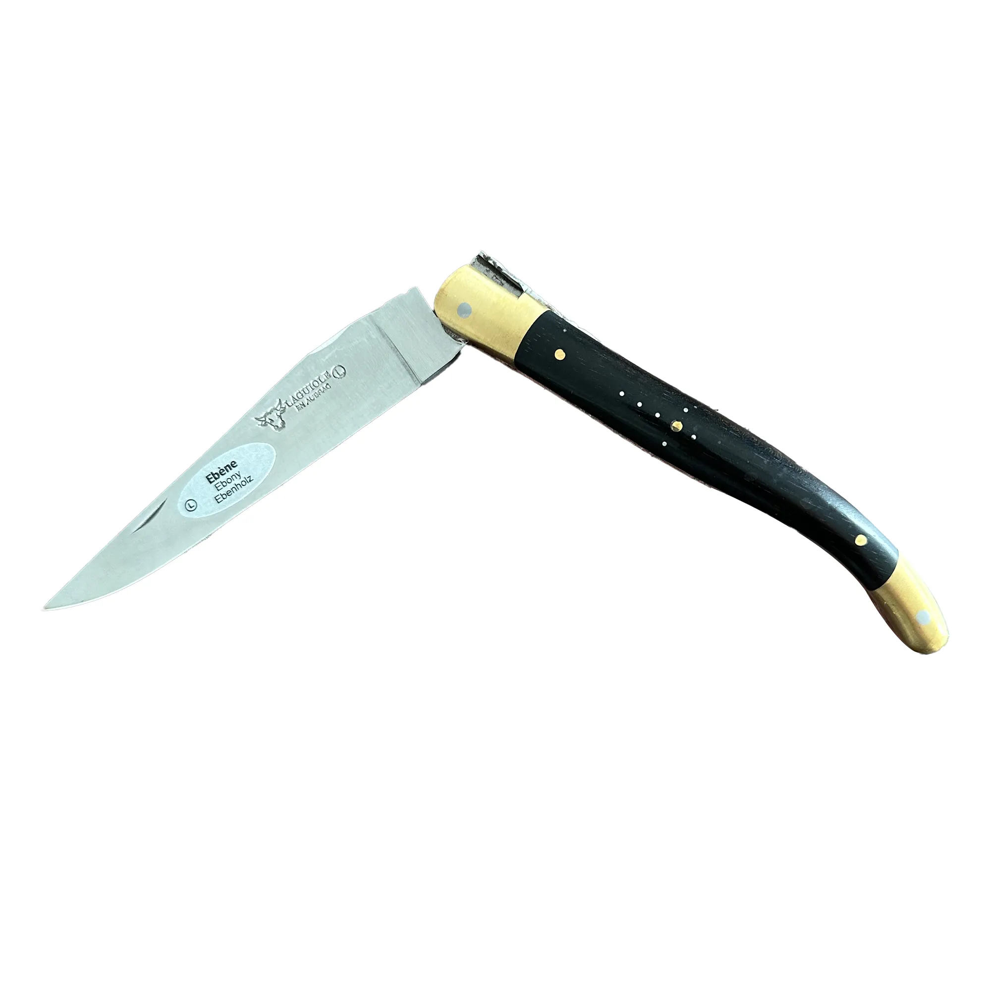 Laguiole en Aubrac Le Bijou Luxury Multipurpose Knife, 4.8-in (12cm), Ebony Wood Handle, With  Brass Bolsters, And Two Copper Plates