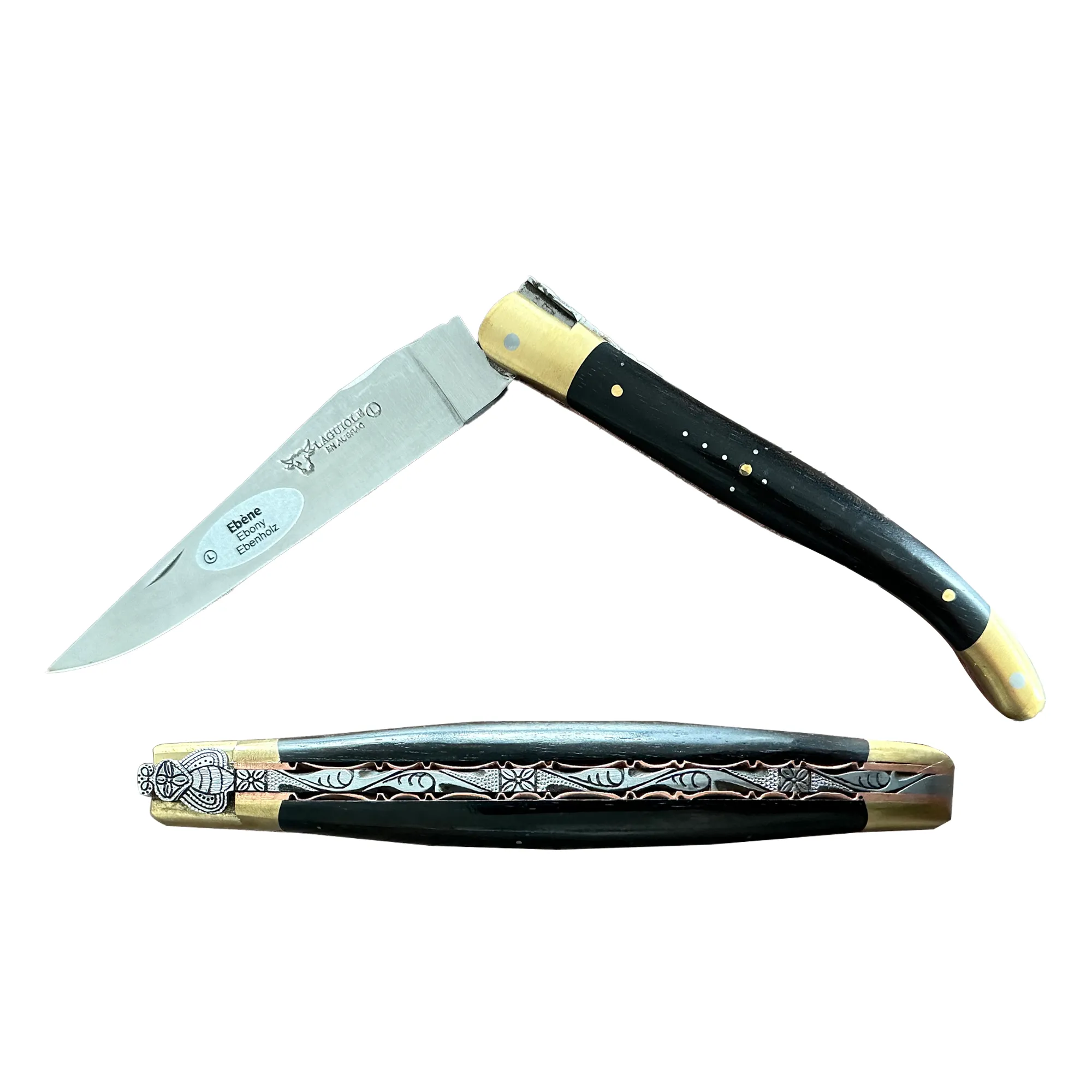 Laguiole en Aubrac Le Bijou Luxury Multipurpose Knife, 4.8-in (12cm), Ebony Wood Handle, With  Brass Bolsters, And Two Copper Plates