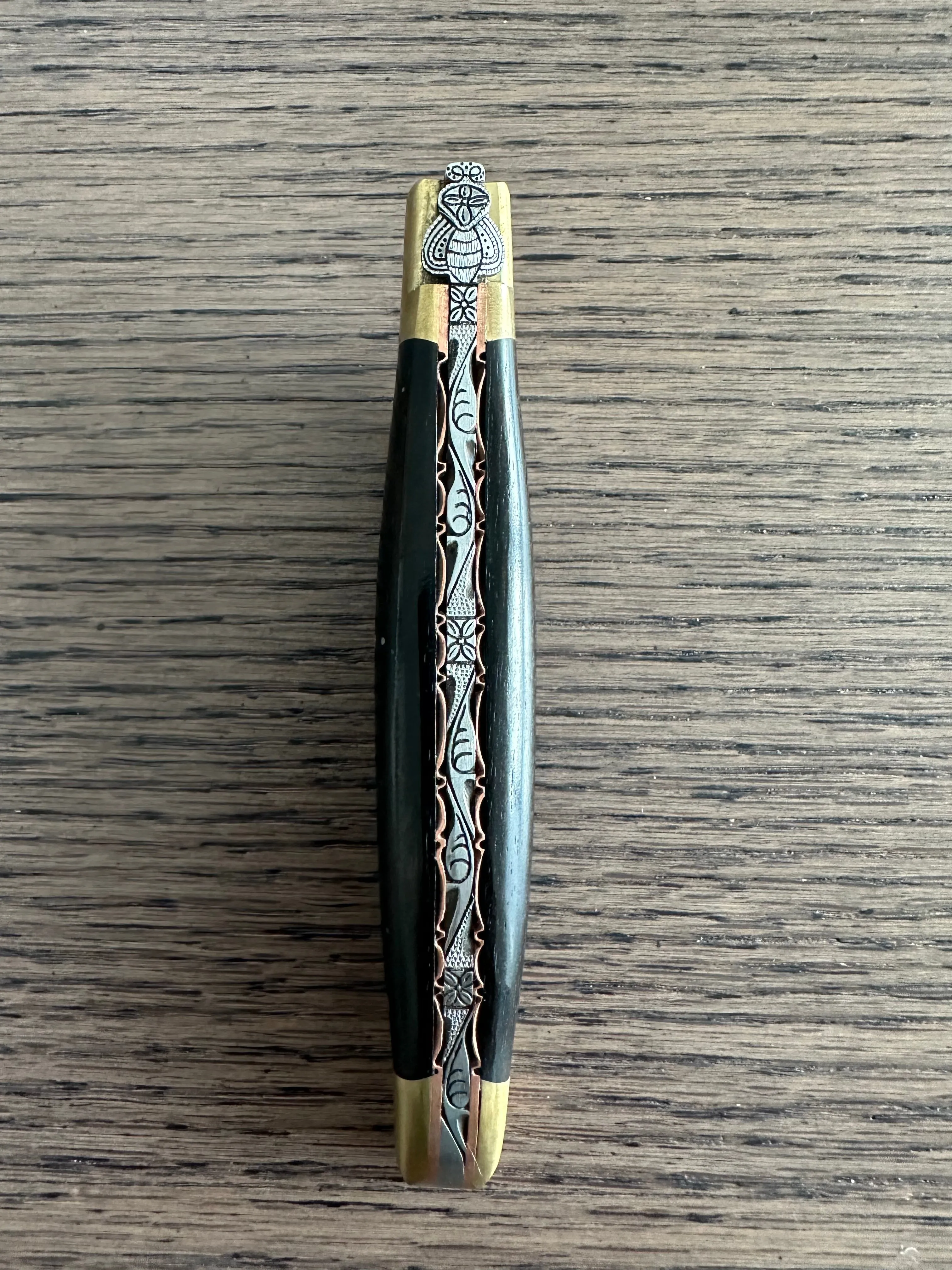 Laguiole en Aubrac Le Bijou Luxury Multipurpose Knife, 4.8-in (12cm), Ebony Wood Handle, With  Brass Bolsters, And Two Copper Plates