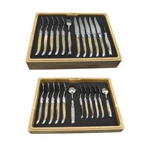 Laguiole en Aubrac Luxury 24-Piece Handcrafted Flatware Set, Solid Horn Handles