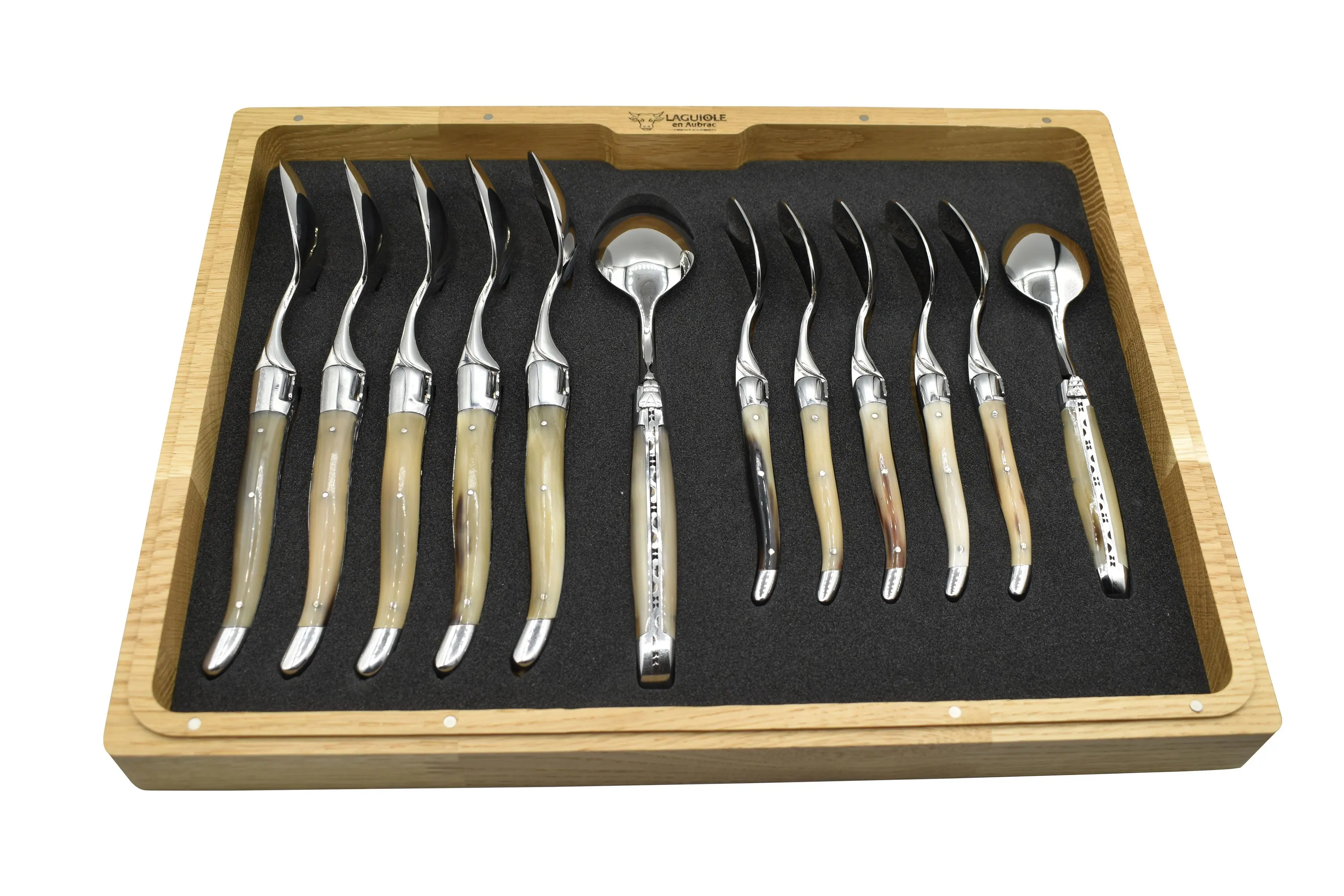 Laguiole en Aubrac Luxury 24-Piece Handcrafted Flatware Set, Solid Horn Handles