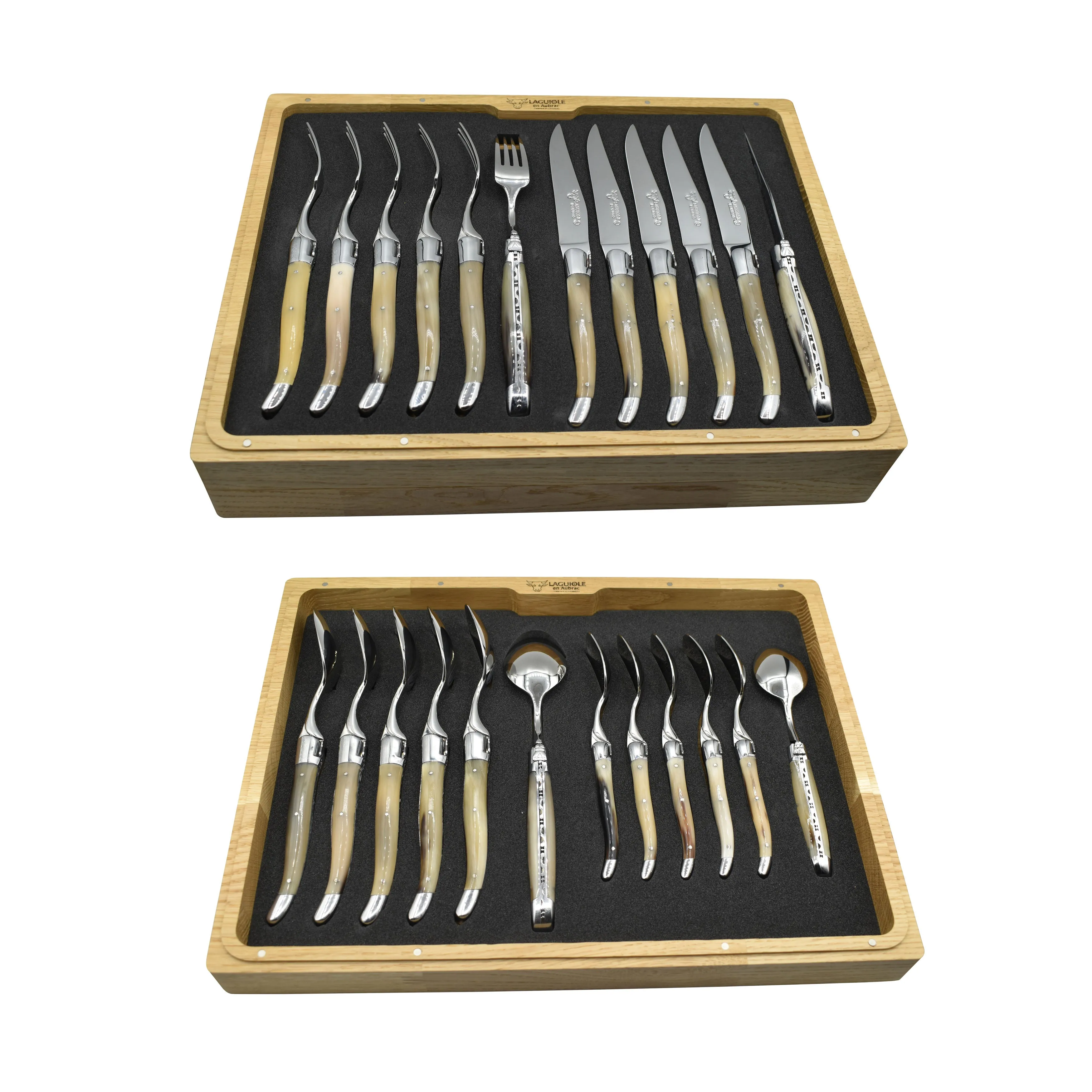 Laguiole en Aubrac Luxury 24-Piece Handcrafted Flatware Set, Solid Horn Handles