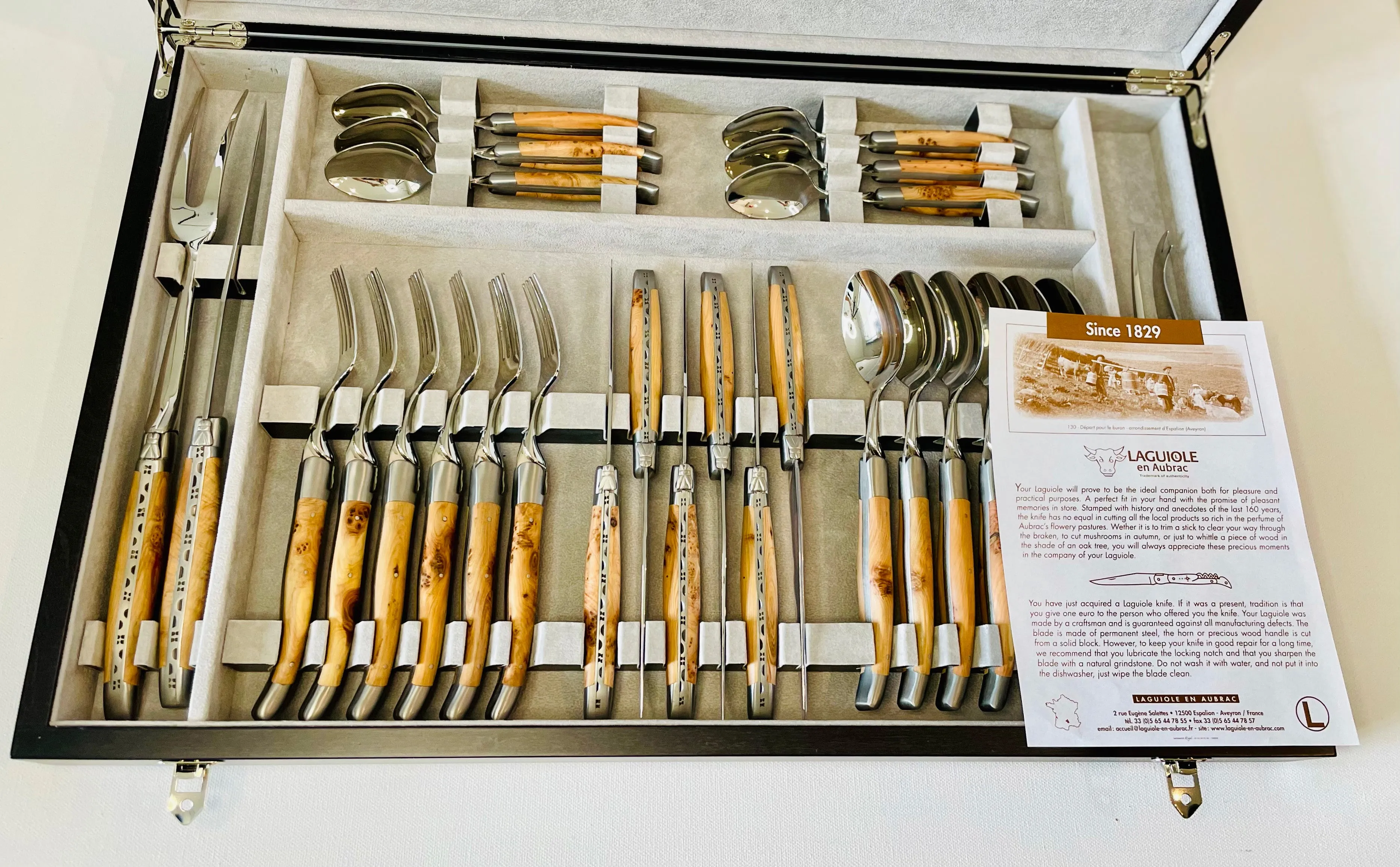 Laguiole en Aubrac Luxury 28-Piece Handcrafted Flatware Set, Juniper Wood Handles