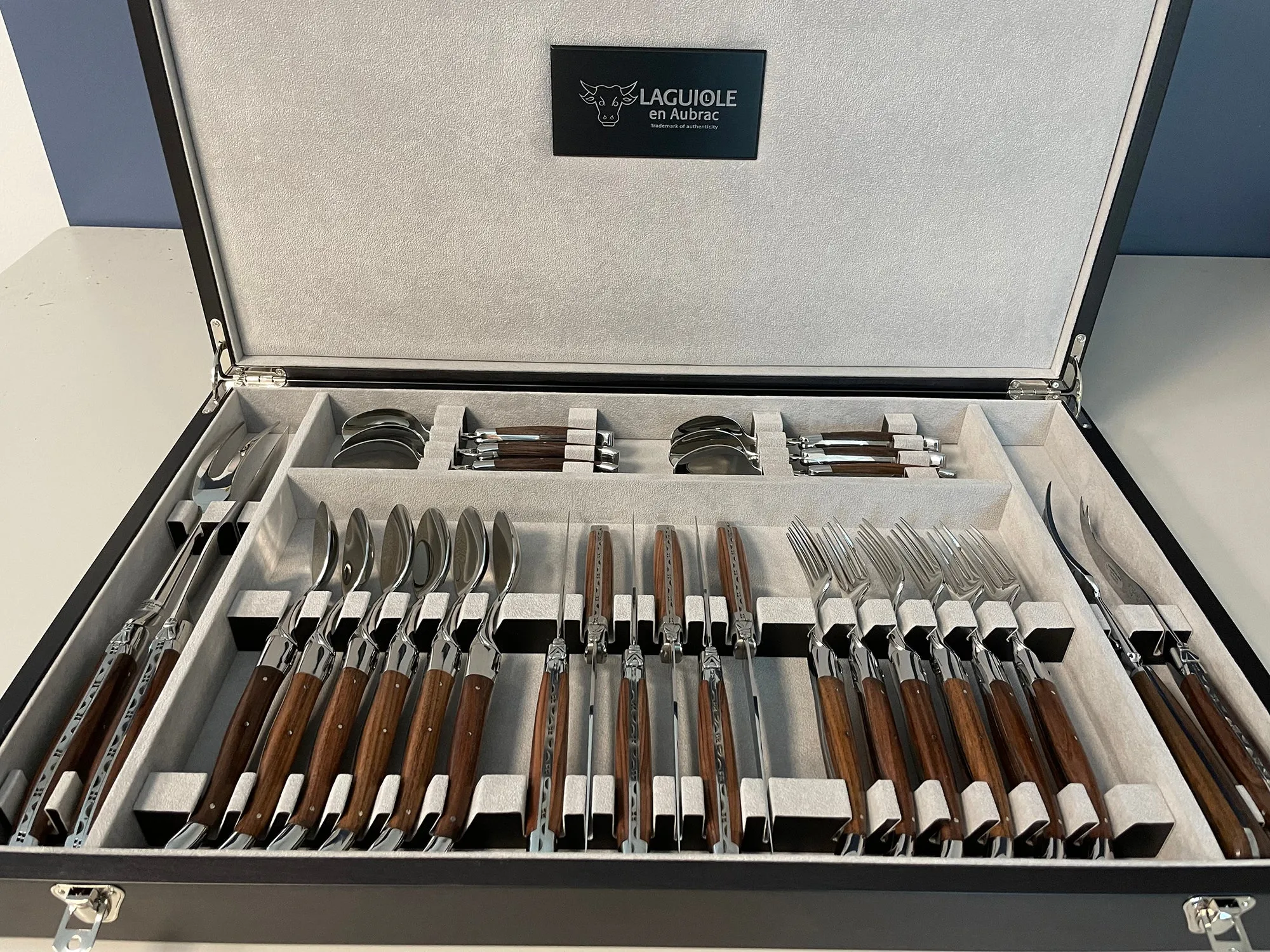 Laguiole en Aubrac Luxury 28-Piece Handcrafted Flatware Set With Morado Rosewood Handles