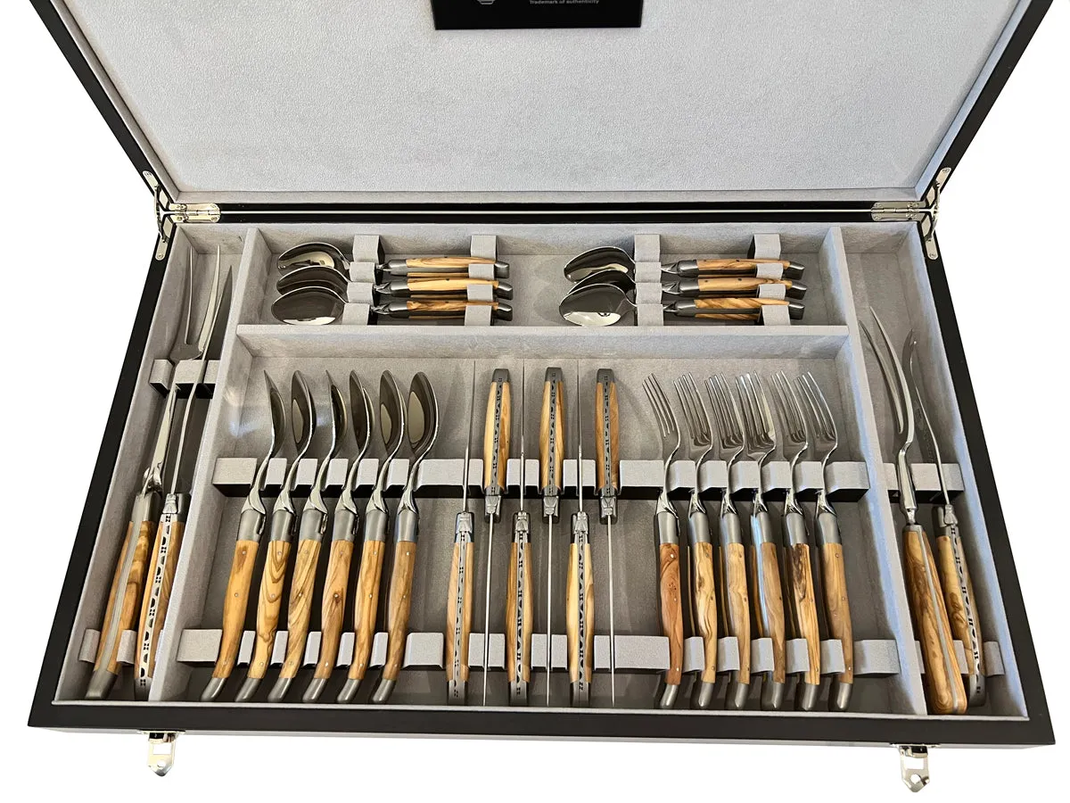 Laguiole en Aubrac Luxury 28-Piece Handcrafted Flatware Set With Olivewood Handles