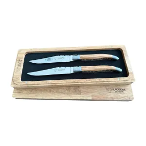 Laguiole en Aubrac Luxury Handcrafted Stainless Steel & Brass Double Plate 2-Piece Steak Knife Set with Olivewood Handles