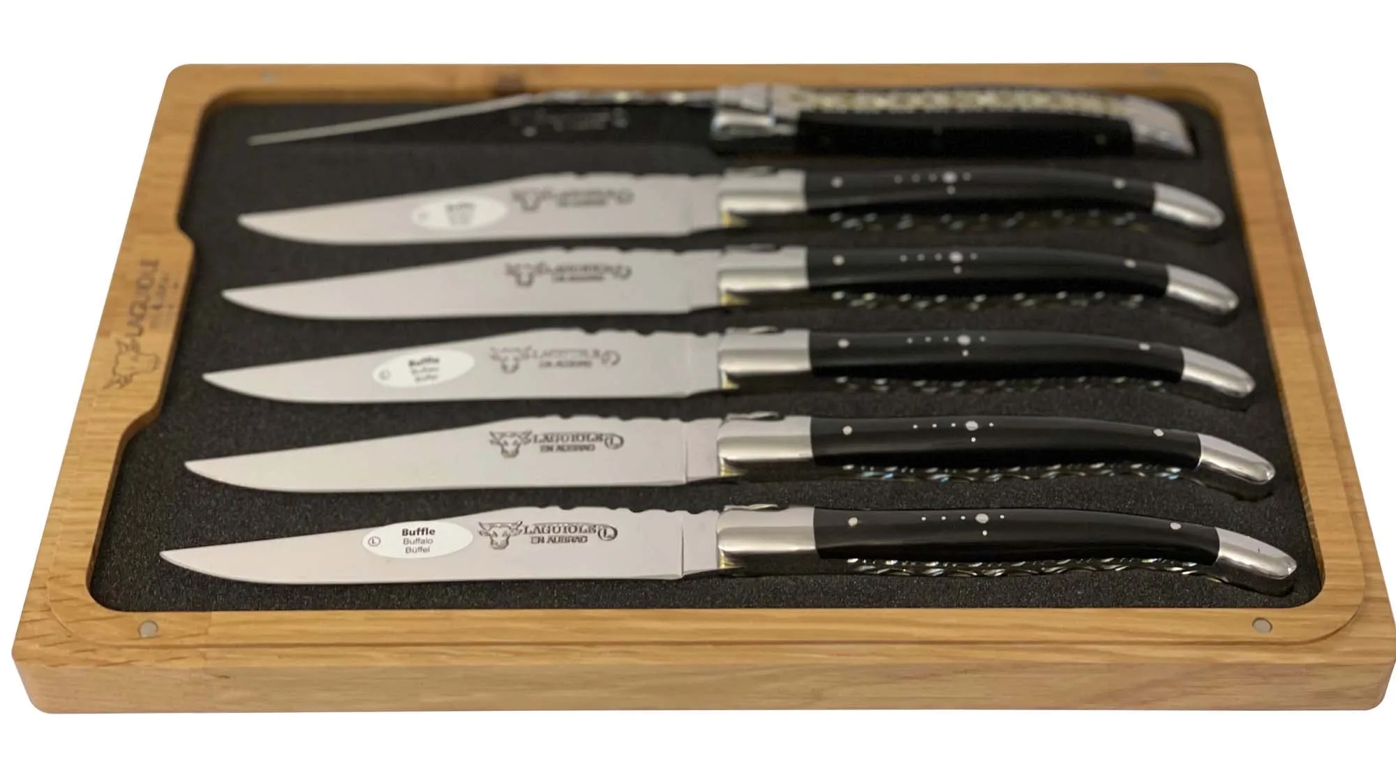 Laguiole en Aubrac Luxury Handcrafted Stainless Steel & Brass Double Plate 6-Piece Steak Knife Set with Buffalo Horn Handles