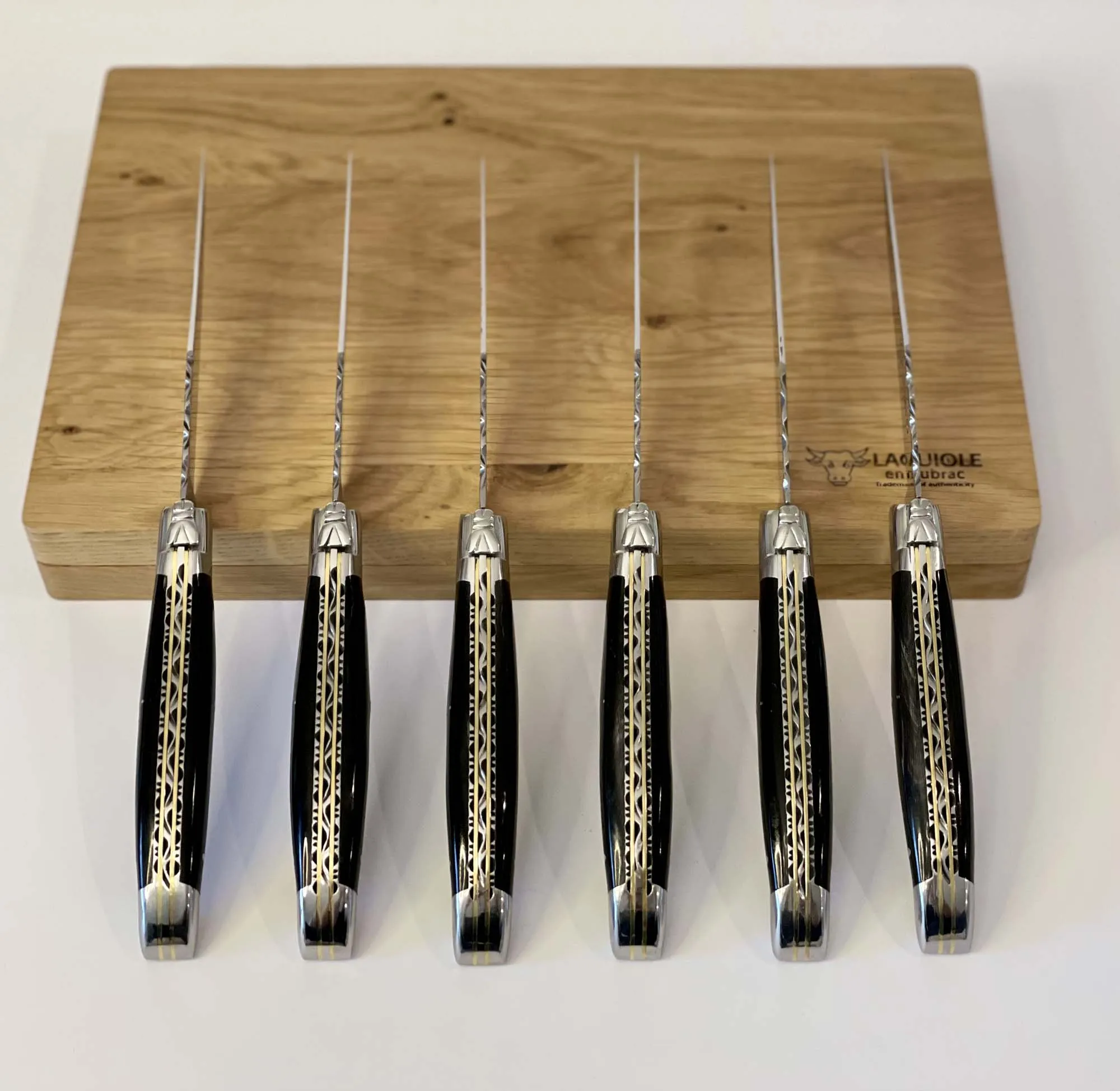 Laguiole en Aubrac Luxury Handcrafted Stainless Steel & Brass Double Plate 6-Piece Steak Knife Set with Buffalo Horn Handles