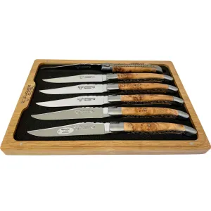 Laguiole en Aubrac Luxury Handcrafted Stainless Steel & Brass Double Plate 6-Piece Steak Knife Set with Juniper Wood Handles