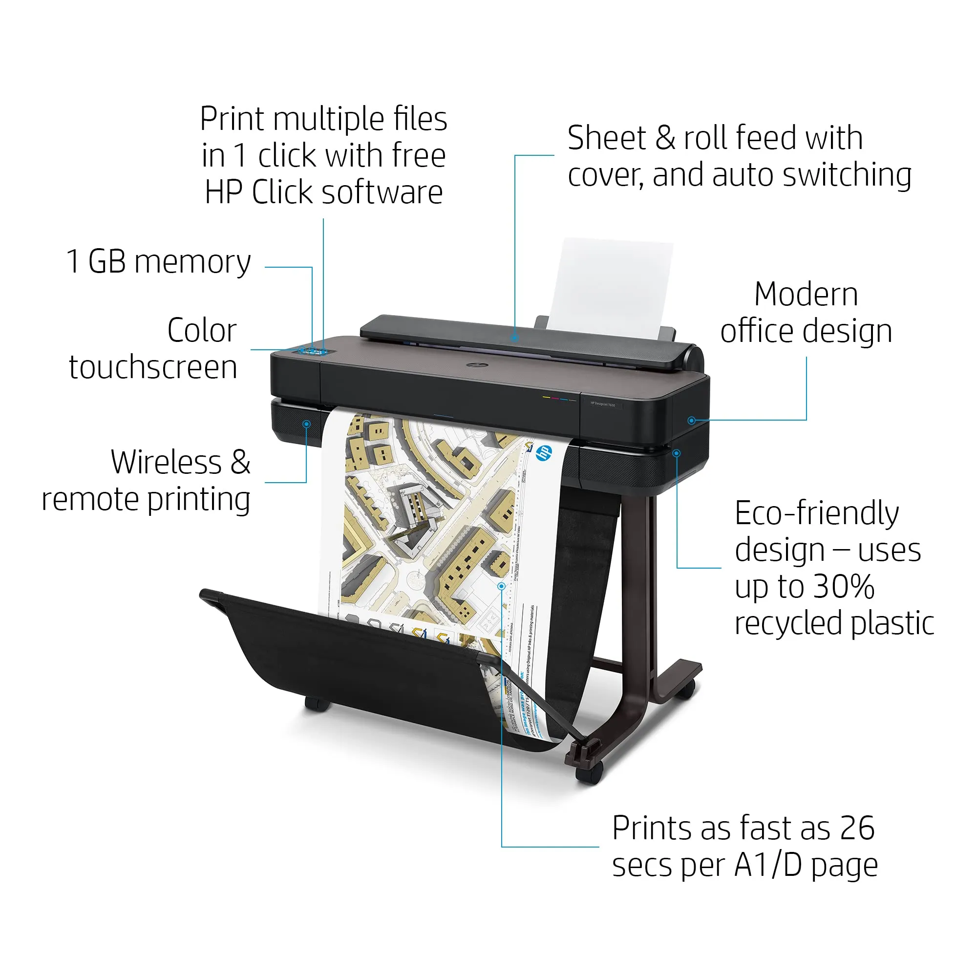Large Format HP DesignJet T650,Color 24-inch Plotter Printer, Includes 2-Year Warranty Care Pack (5HB08H) ,Black
